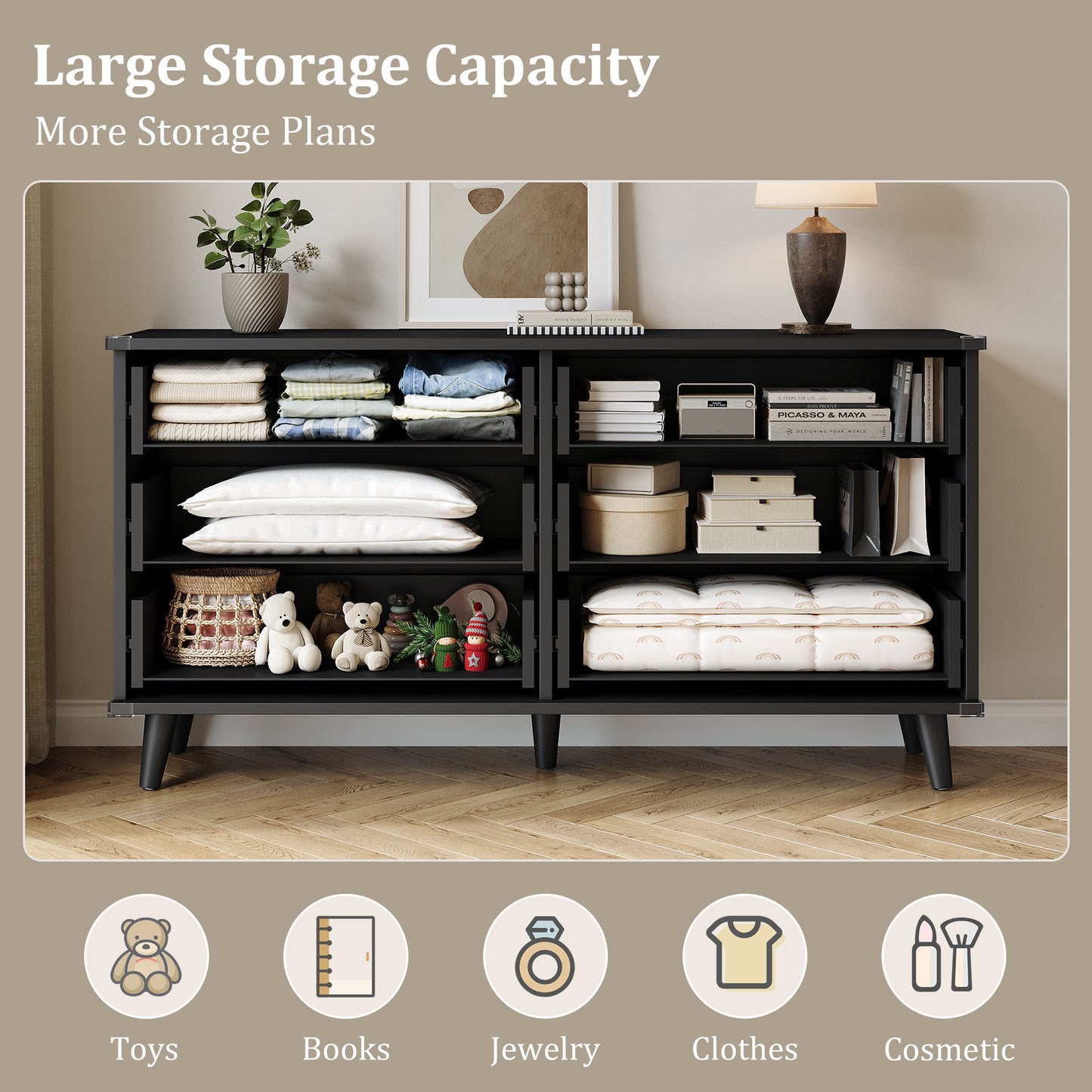 Laintene 6 Drawer Dresser for Bedroom – Solid Wood Fluted Storage Cabinet with Metal Handles, Modern Wave Design for Bedroom, Living Room & Entryway, Black