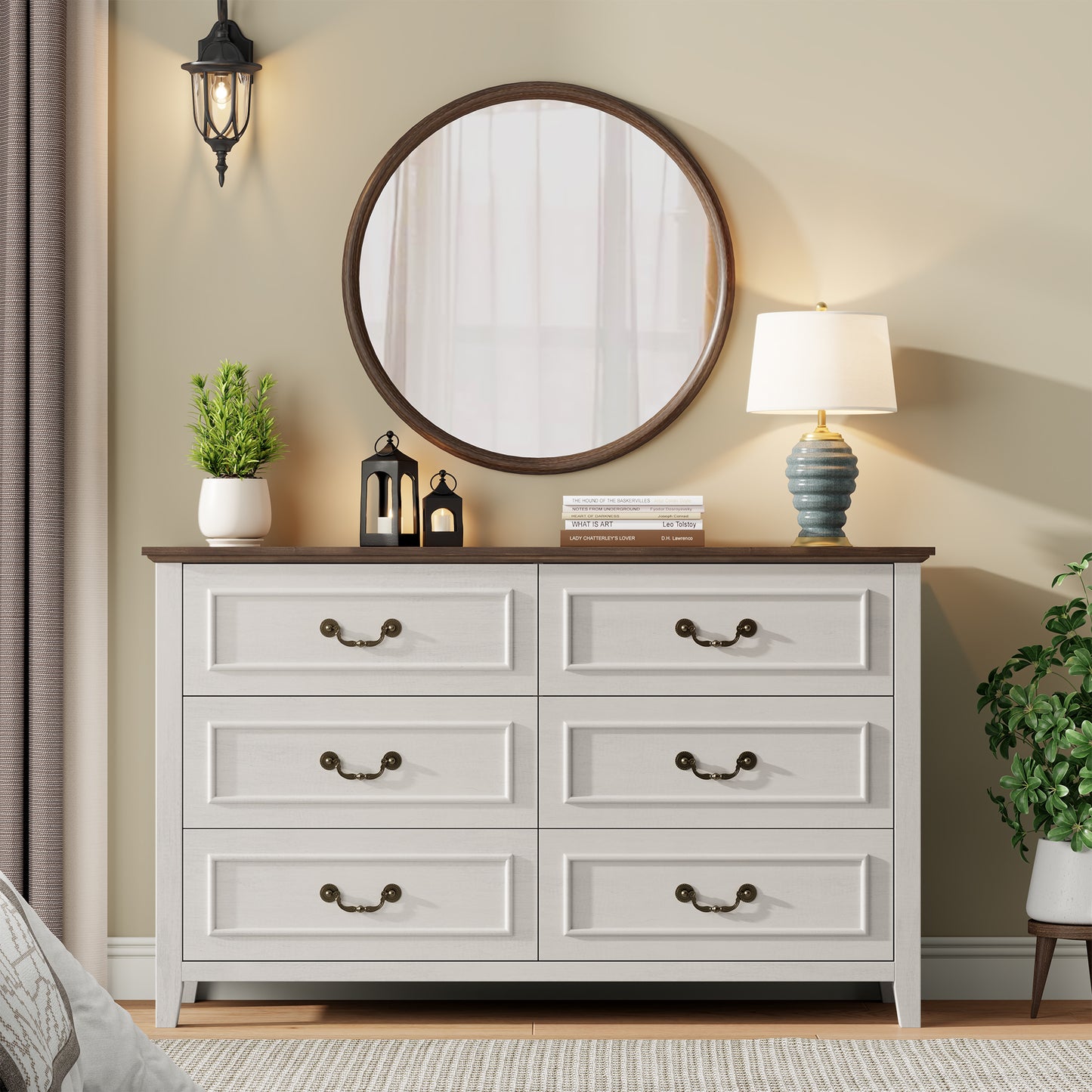 LainTene Farmhouse 3-Piece Dresser Set - 1x6-Drawer Storage Dresser & 2x Nightstands with USB Ports, Solid Wood Vintage Bedroom Furniture, Oak White