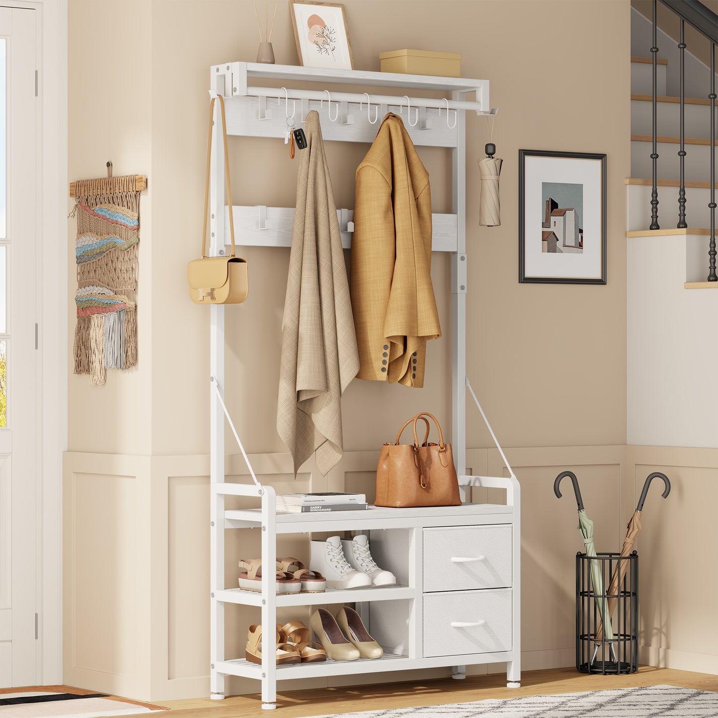 Laintene Hall Tree with Bench - 6-in-1 Industrial 31.5" Entryway Organizer, 17 Adjustable Hooks & 2 Drawers, Hanging Rod & Top Shelf, 300lb Weight Capacity for Hallway and Living Room, White