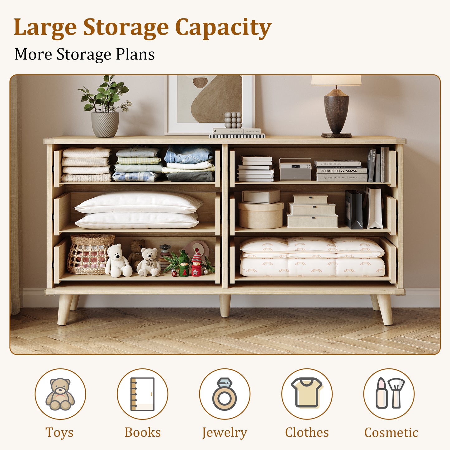 Laintene 6 Drawer Dresser for Bedroom – Solid Wood Fluted Storage Cabinet with Metal Handles, Modern Wave Design for Bedroom, Living Room & Entryway, Natural