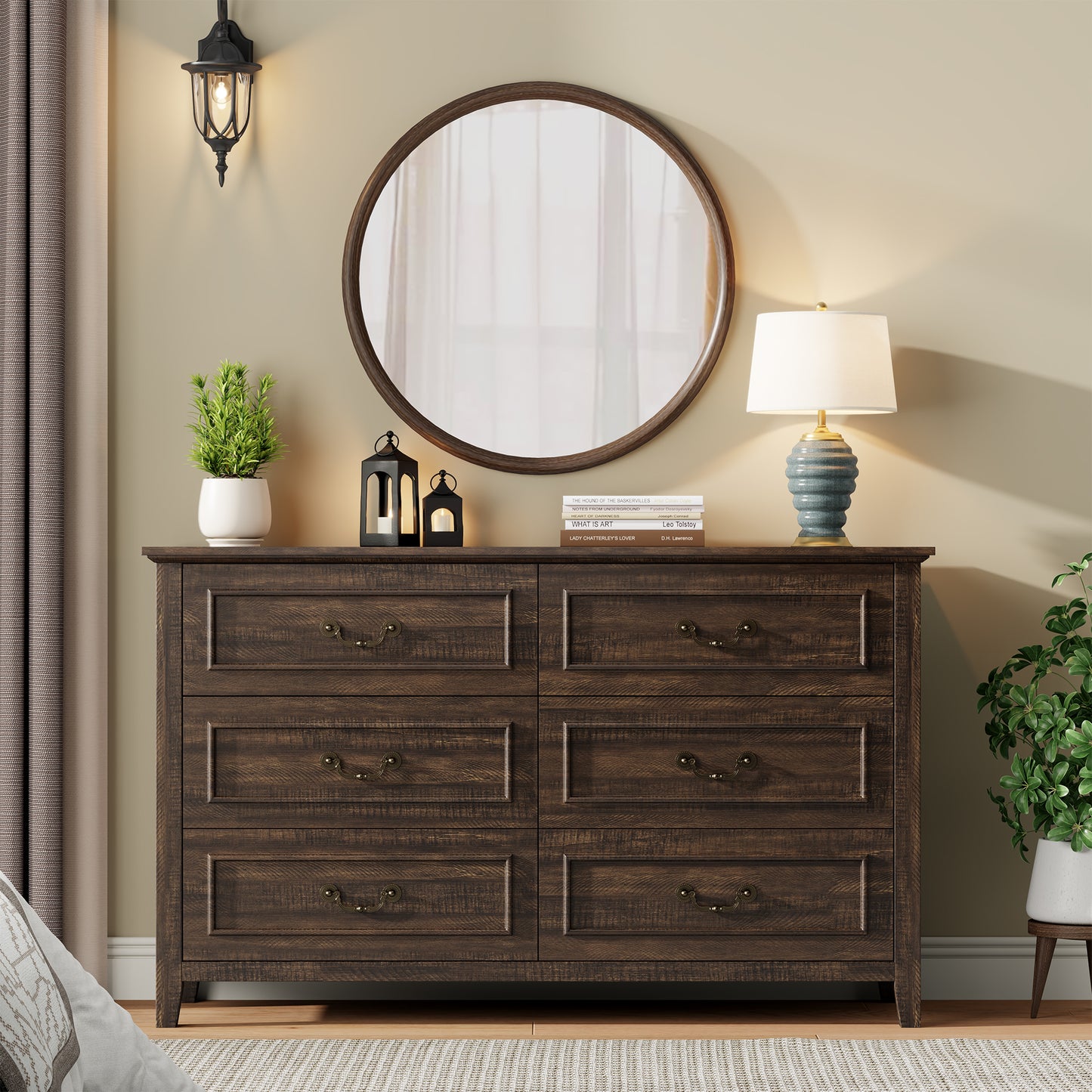 Laintene Farmhouse 6-Drawer Dresser - Rustic Wood Dresser with Antique Bronze Handles, Vintage Storage Chest for Bedroom, Living Room & Entryway