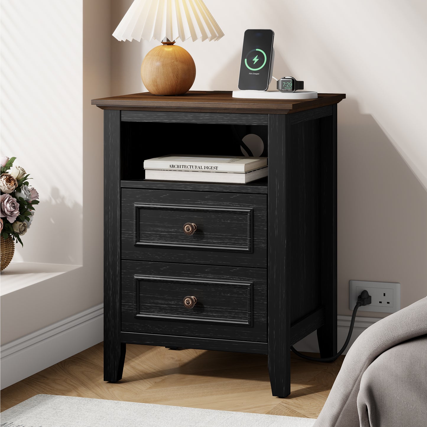 LainTene Nightstand with Charging Station, Farmhouse Bedside Table with 2 Drawers, USB & AC Outlets for Bedroom & Living Room, Oak Black Finish
