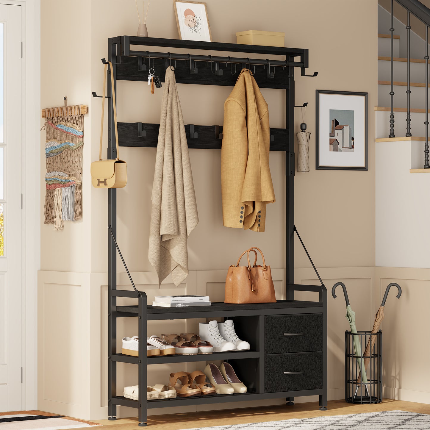 Laintene Hall Tree with Bench - 6-in-1 Wider 39.4" Entryway Organizer, 24 Adjustable Hooks & 2 Drawers, Hanging Rod & Top Shelf, 300lb Weight Capacity for Hallway and Living Room, Black