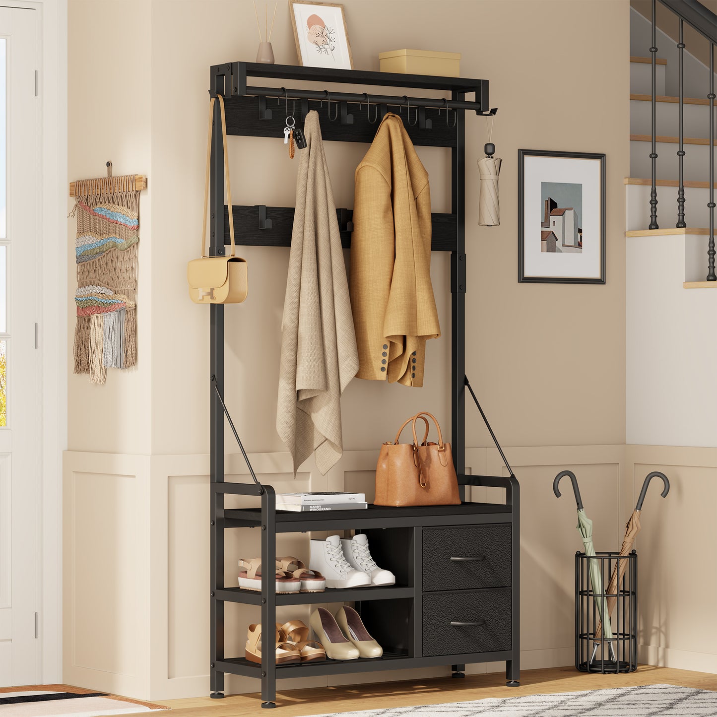 Laintene Hall Tree with Bench - 6-in-1 Industrial 31.5" Entryway Organizer, 17 Adjustable Hooks & 2 Drawers, Hanging Rod & Top Shelf, 300lb Weight Capacity for Hallway and Living Room, Black