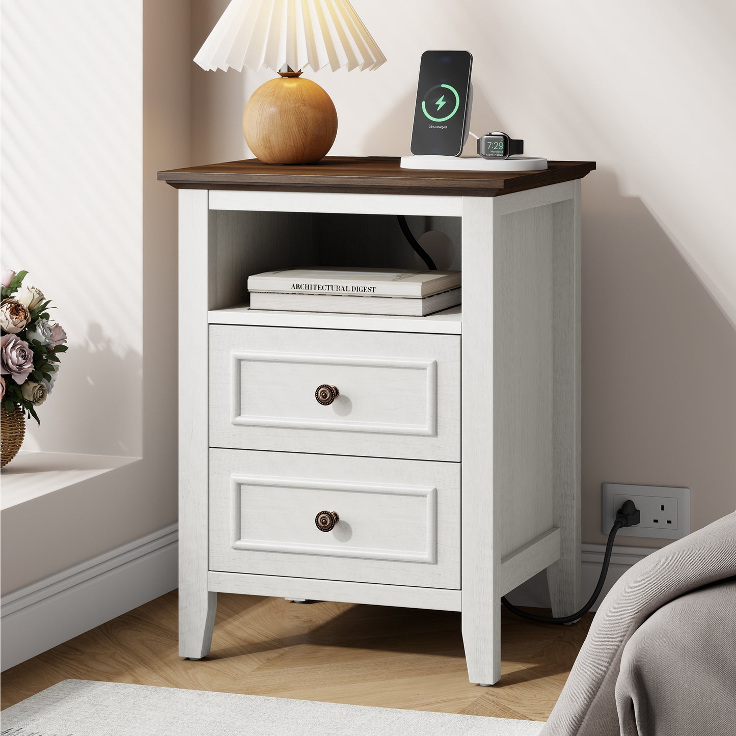 LainTene Nightstand with Charging Station, Farmhouse Bedside Table with 2 Drawers, USB & AC Outlets for Bedroom & Living Room, Oak White Finish