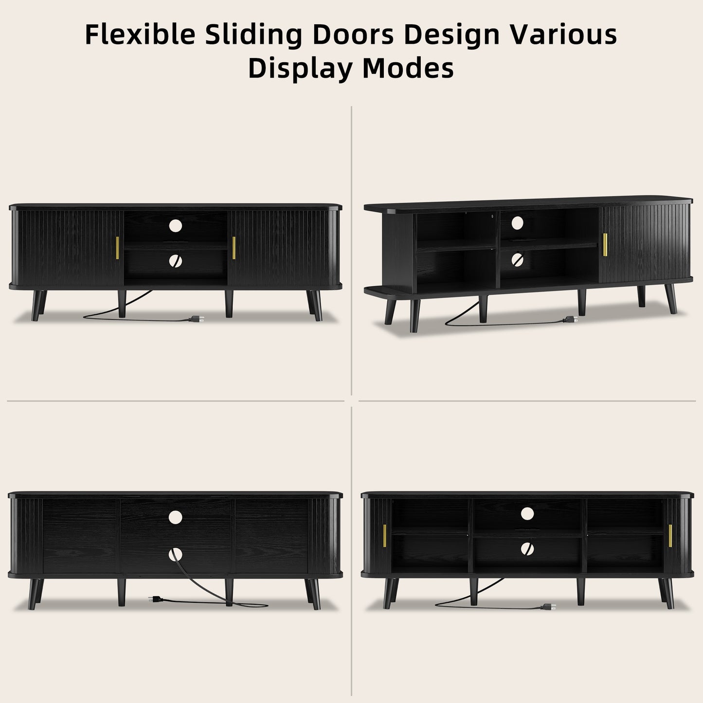 LainTene 65 Inch TV Stand with Sliding Doors – Modern Fluted Media Console for Living Room, Power Outlets (2 USB + 2 AC), Adjustable Shelves, Black Entertainment Center