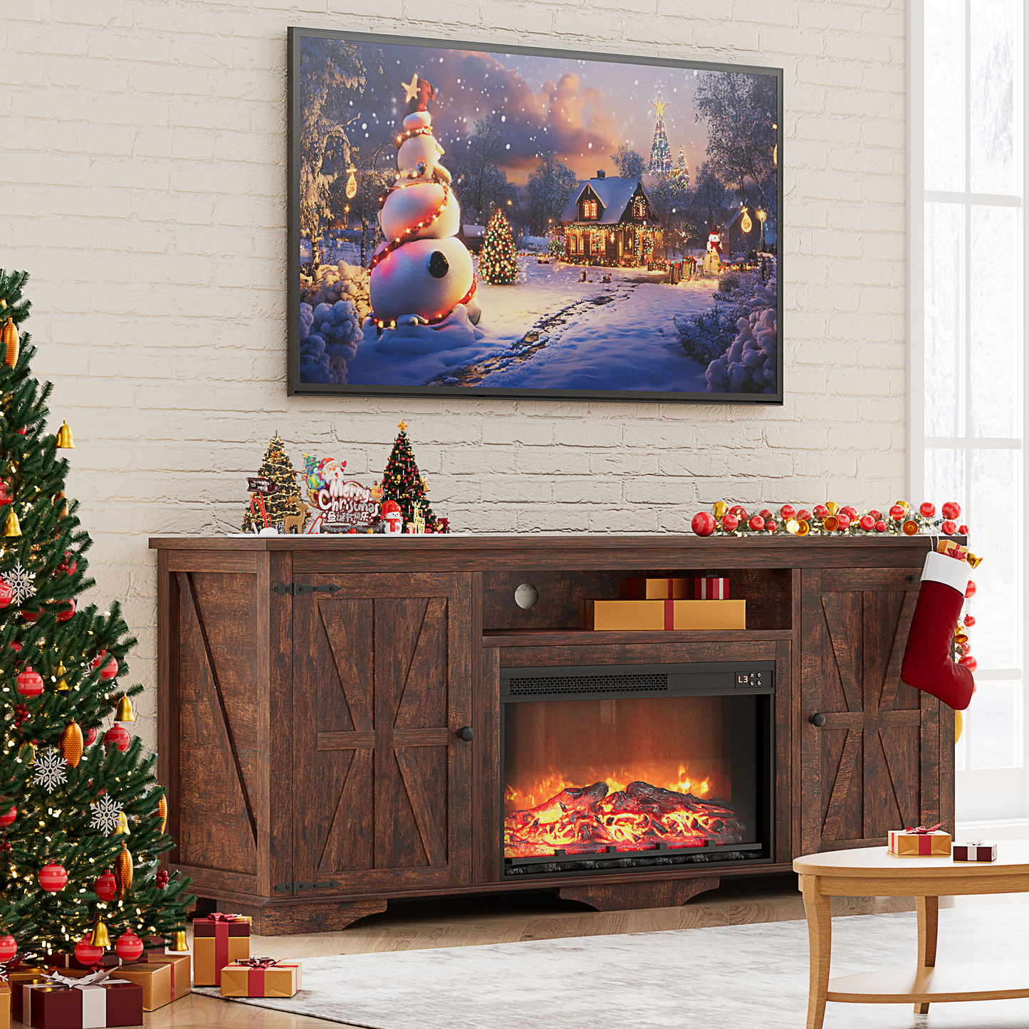 Laintene TV Stand with Fireplace for 65" TV, Electric Fireplace Entertainment Center with Storage Cabinets & Adjustable Shelves, 1400W Heater Farmhouse TV Stand for Living Room, Brown