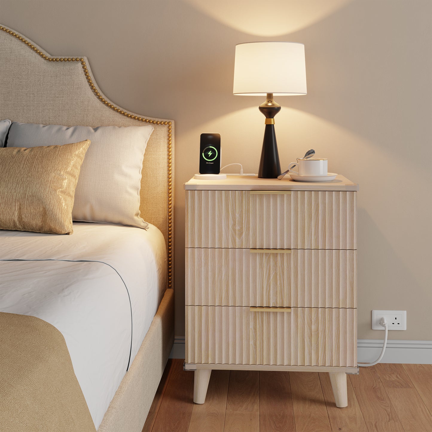 Laintene 3-Drawer Dresser Set of 2, Nightstand with Charging Station - Modern Fluted with Solid Wood Legs, 2 AC Outlets & 2 USB Ports, Small End Table with Storage, Natural