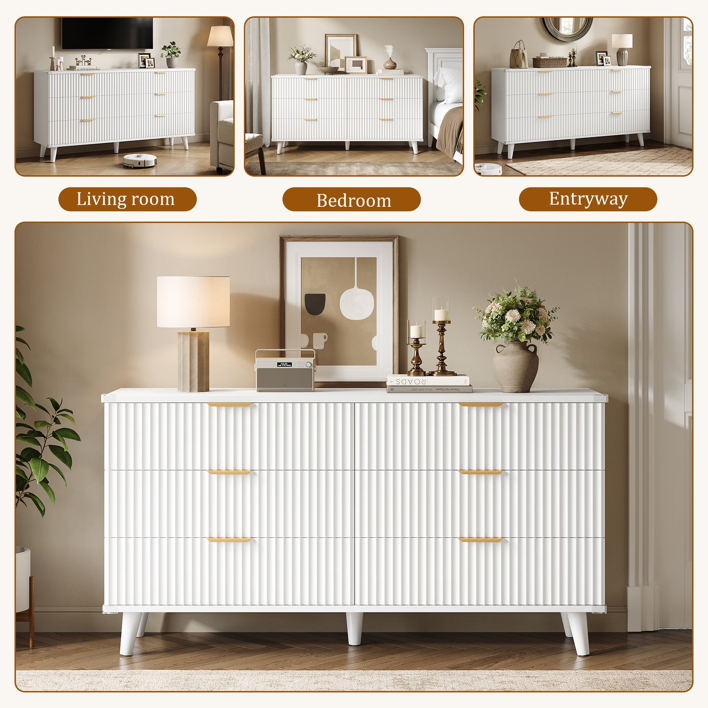 Laintene 6 Drawer Dresser for Bedroom – Solid Wood Fluted Storage Cabinet with Metal Handles, Modern Wave Design for Bedroom, Living Room & Entryway, White