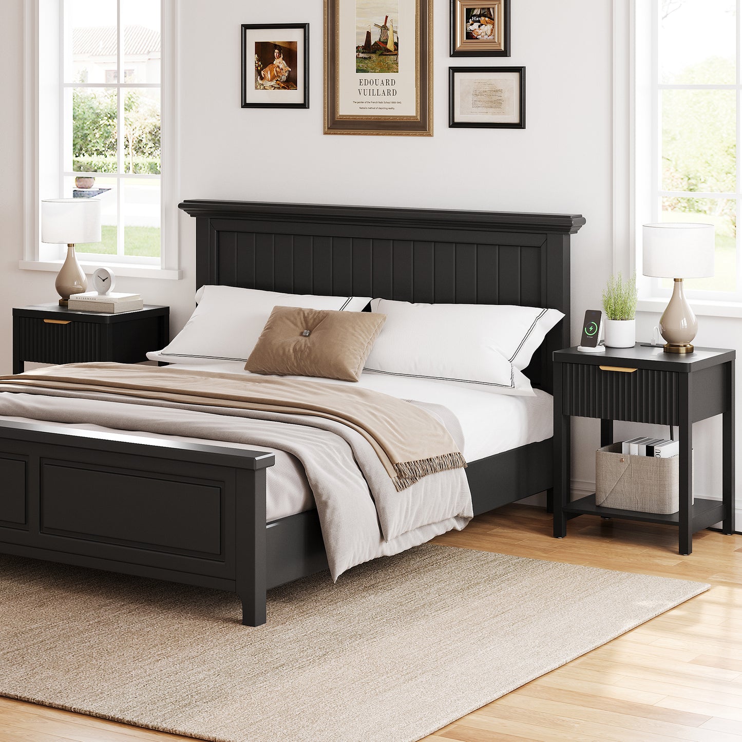 Laintene Fluted Nightstand with Charging Station - Modern Bedside Table with Drawer & Open Shelf, 2 AC Outlets + USB &Type-C for Bedroom & Living Room, Black