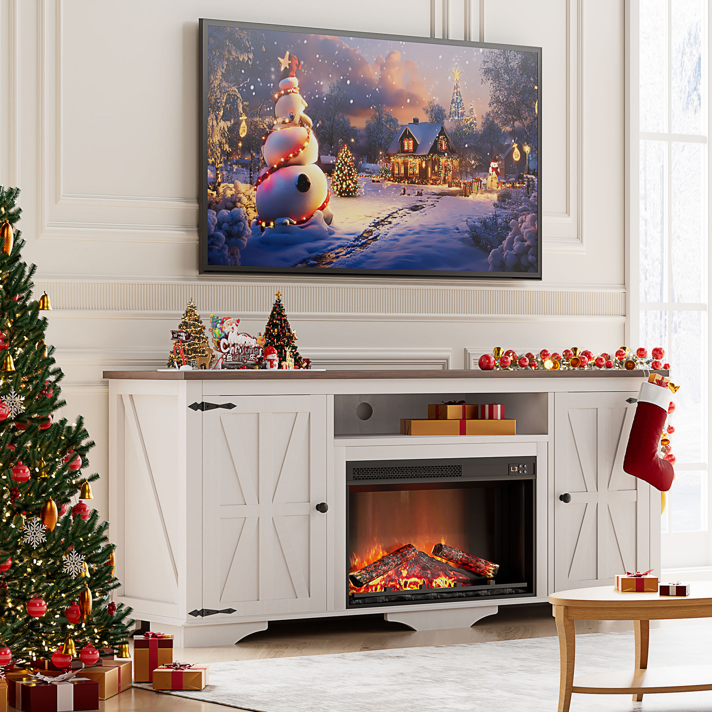 LainTene Farmhouse Electric Fireplace TV Stand for 65 Inch TVs – Rustic Beige Entertainment Center with Adjustable Flame, Storage Cabinets & Barn Door Design, 1400W Heater, White