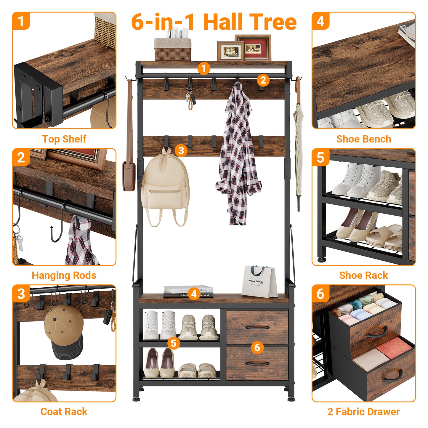 Laintene Hall Tree with Bench - 6-in-1 Industrial 31.5" Entryway Organizer, 17 Adjustable Hooks & 2 Drawers, Hanging Rod & Top Shelf, 300lb Weight Capacity for Hallway and Living Room, Rustic Brown
