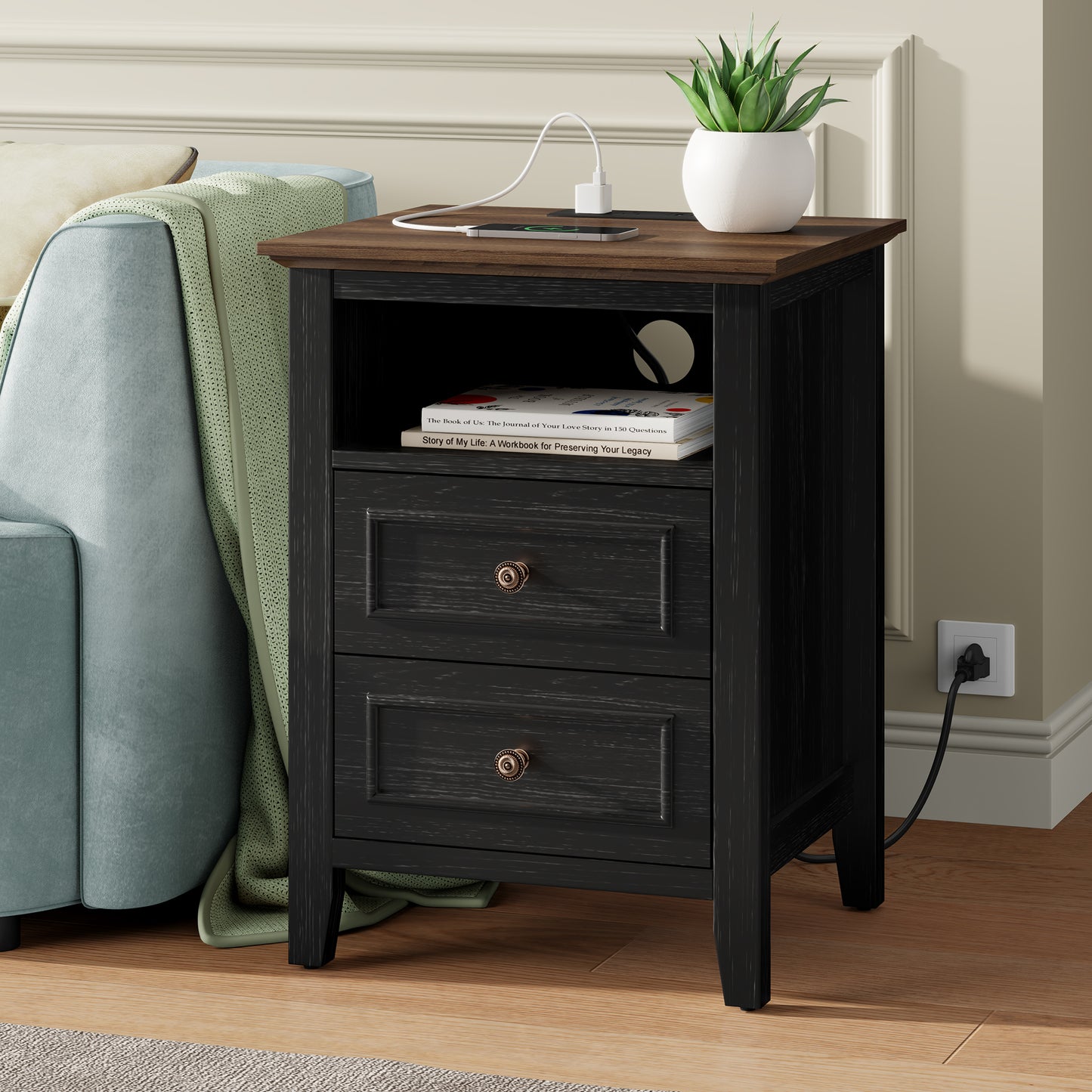 LainTene Nightstand with Charging Station, Farmhouse Bedside Table with 2 Drawers, USB & AC Outlets for Bedroom & Living Room, Oak Black Finish