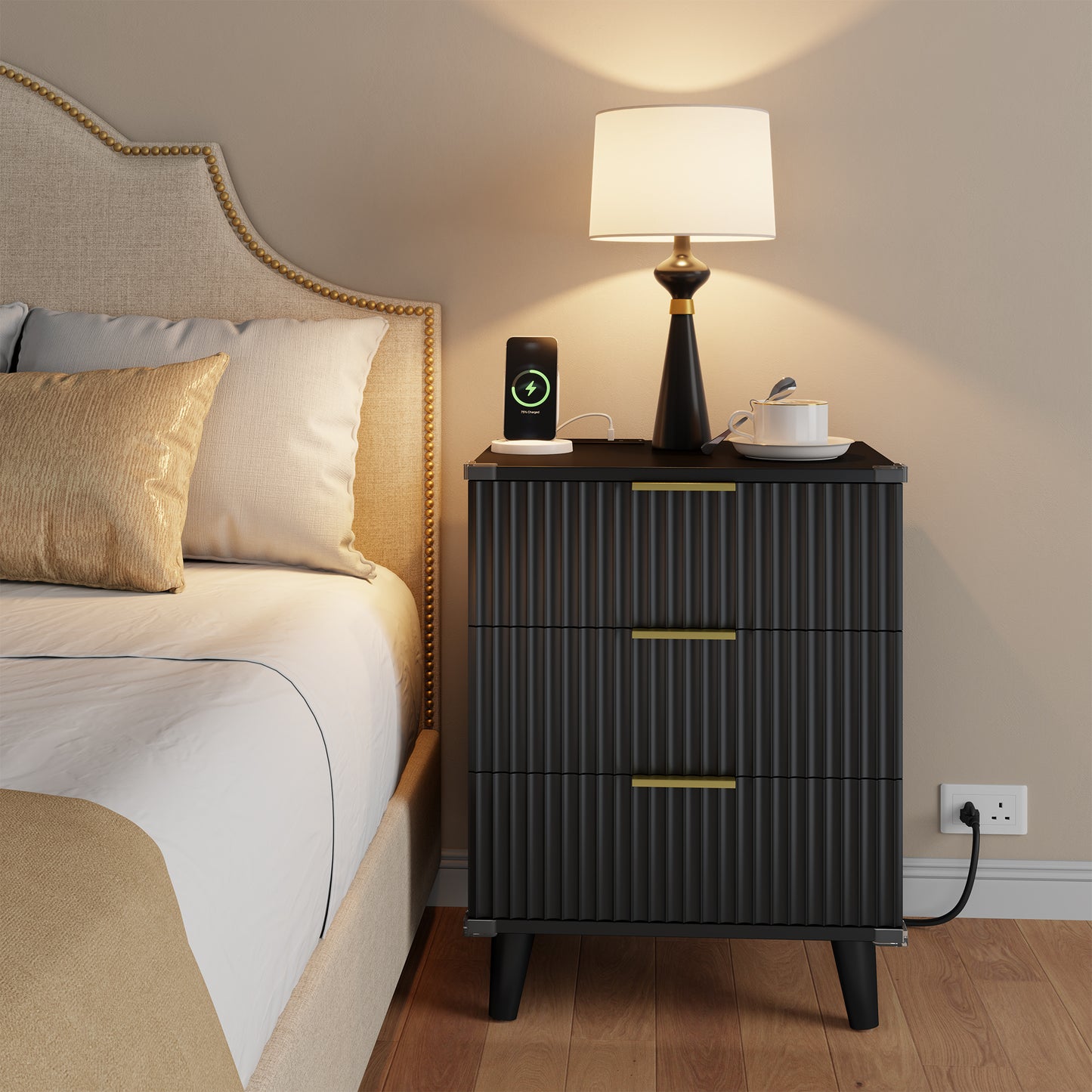 Laintene 3-Drawer Dresser Set of 2, Nightstand with Charging Station - Modern Fluted with Solid Wood Legs, 2 AC Outlets & 2 USB Ports, Small End Table with Storage, Black