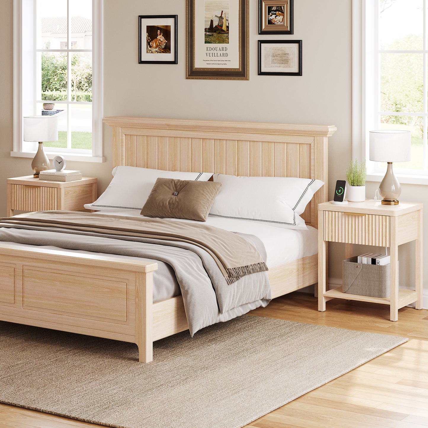 Laintene Fluted Nightstand with Charging Station - Modern Bedside Table with Drawer & Open Shelf, 2 AC Outlets + USB &Type-C for Bedroom & Living Room, Natural