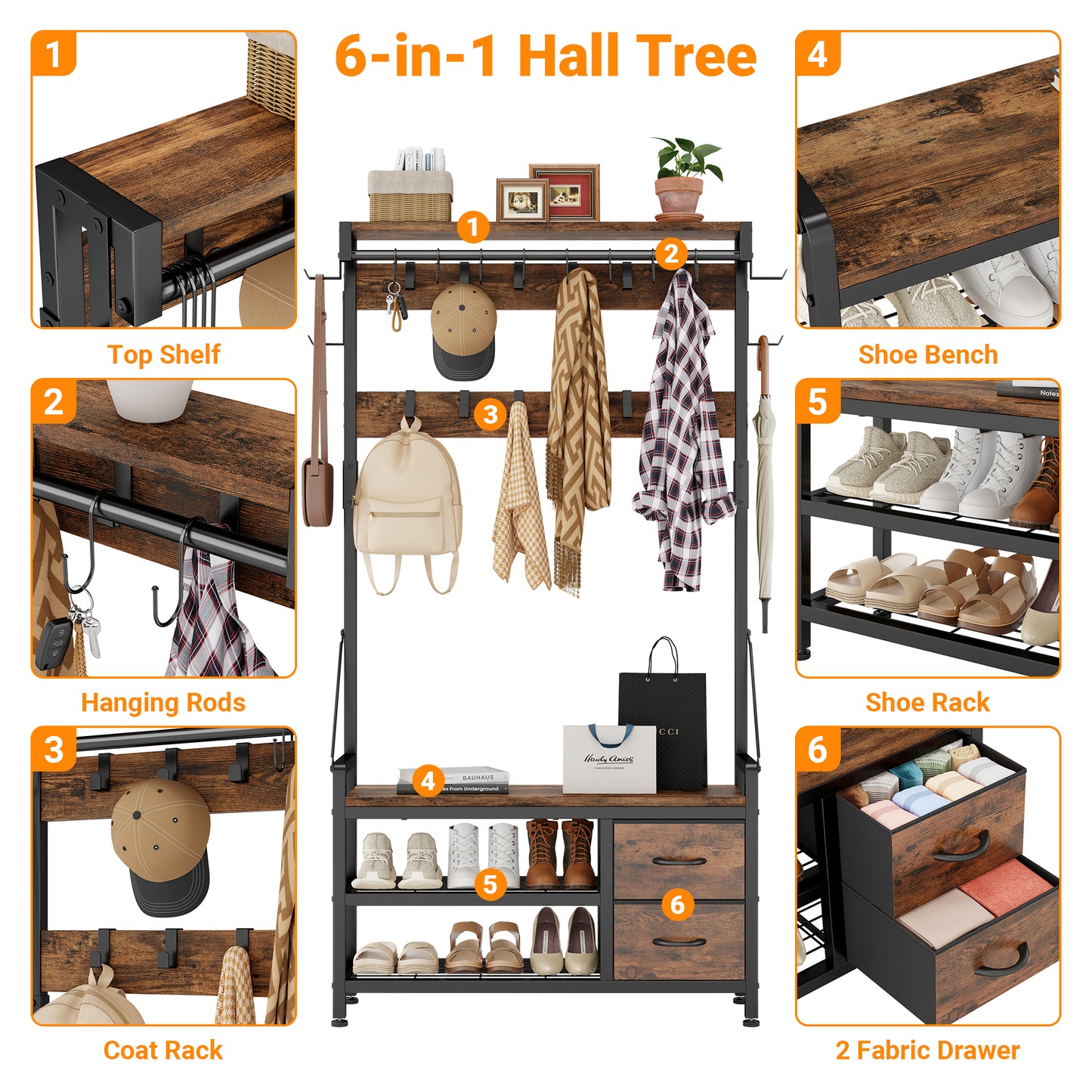 Laintene Hall Tree with Bench - 6-in-1 Wider 39.4" Entryway Organizer, 24 Adjustable Hooks & 2 Drawers, Hanging Rod & Top Shelf, 300lb Weight Capacity for Hallway and Living Room, Rustic Brown