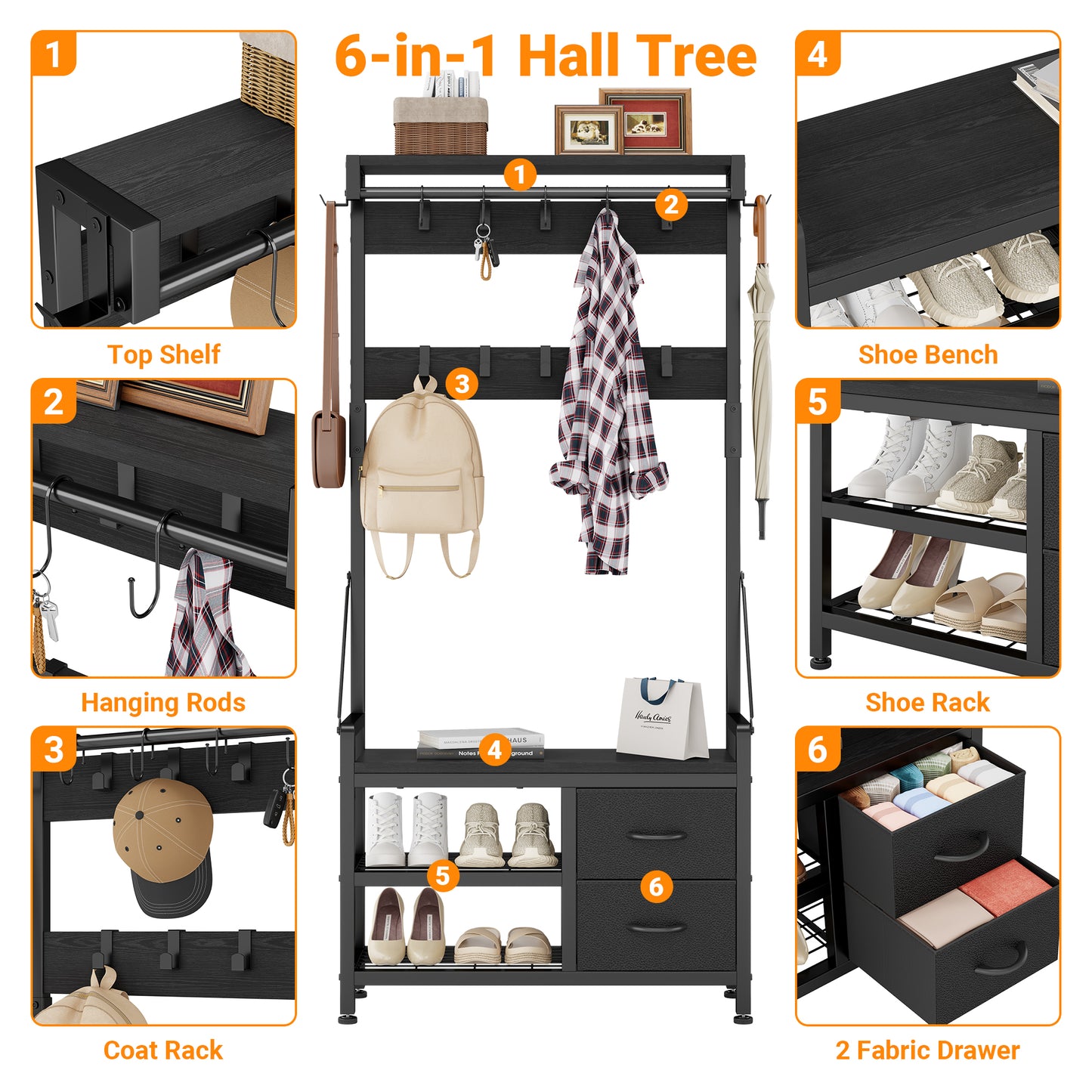 Laintene Hall Tree with Bench - 6-in-1 Industrial 31.5" Entryway Organizer, 17 Adjustable Hooks & 2 Drawers, Hanging Rod & Top Shelf, 300lb Weight Capacity for Hallway and Living Room, Black