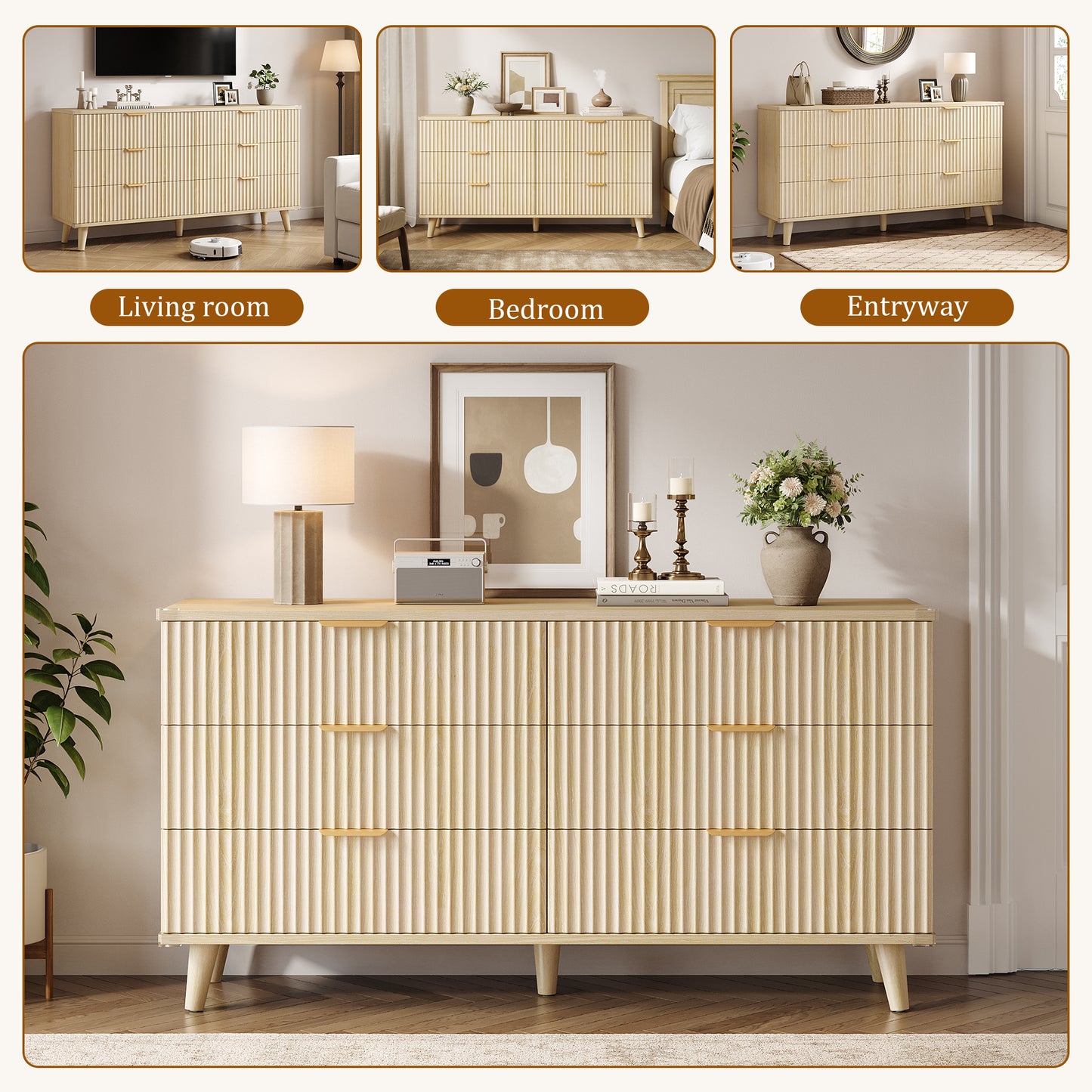 Laintene 6 Drawer Dresser for Bedroom – Solid Wood Fluted Storage Cabinet with Metal Handles, Modern Wave Design for Bedroom, Living Room & Entryway, Natural