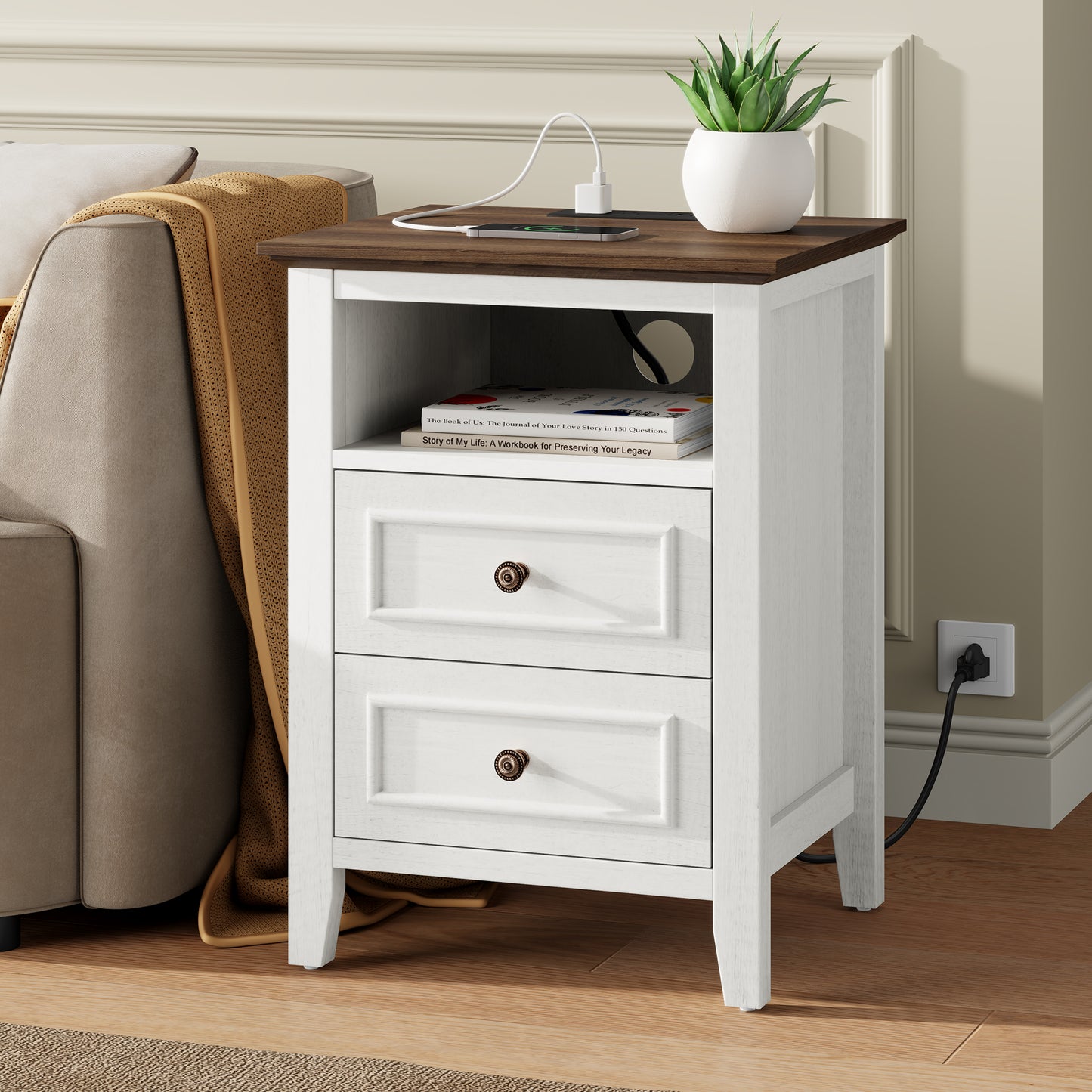 LainTene Nightstand with Charging Station, Farmhouse Bedside Table with 2 Drawers, USB & AC Outlets for Bedroom & Living Room, Oak White Finish