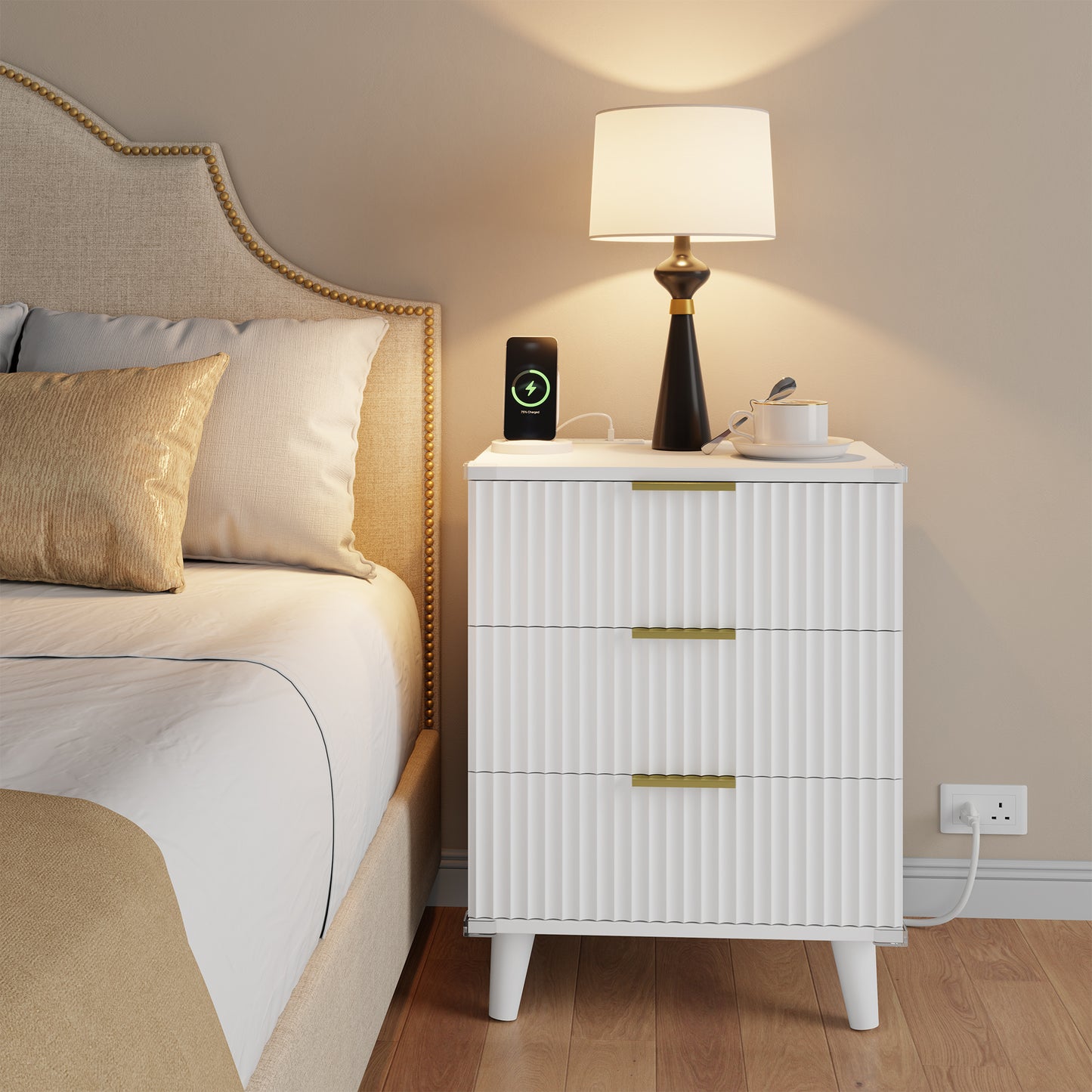 Laintene 3-Drawer Dresser Set of 2, Nightstand with Charging Station - Modern Fluted with Solid Wood Legs, 2 AC Outlets & 2 USB Ports, Small End Table with Storage, White