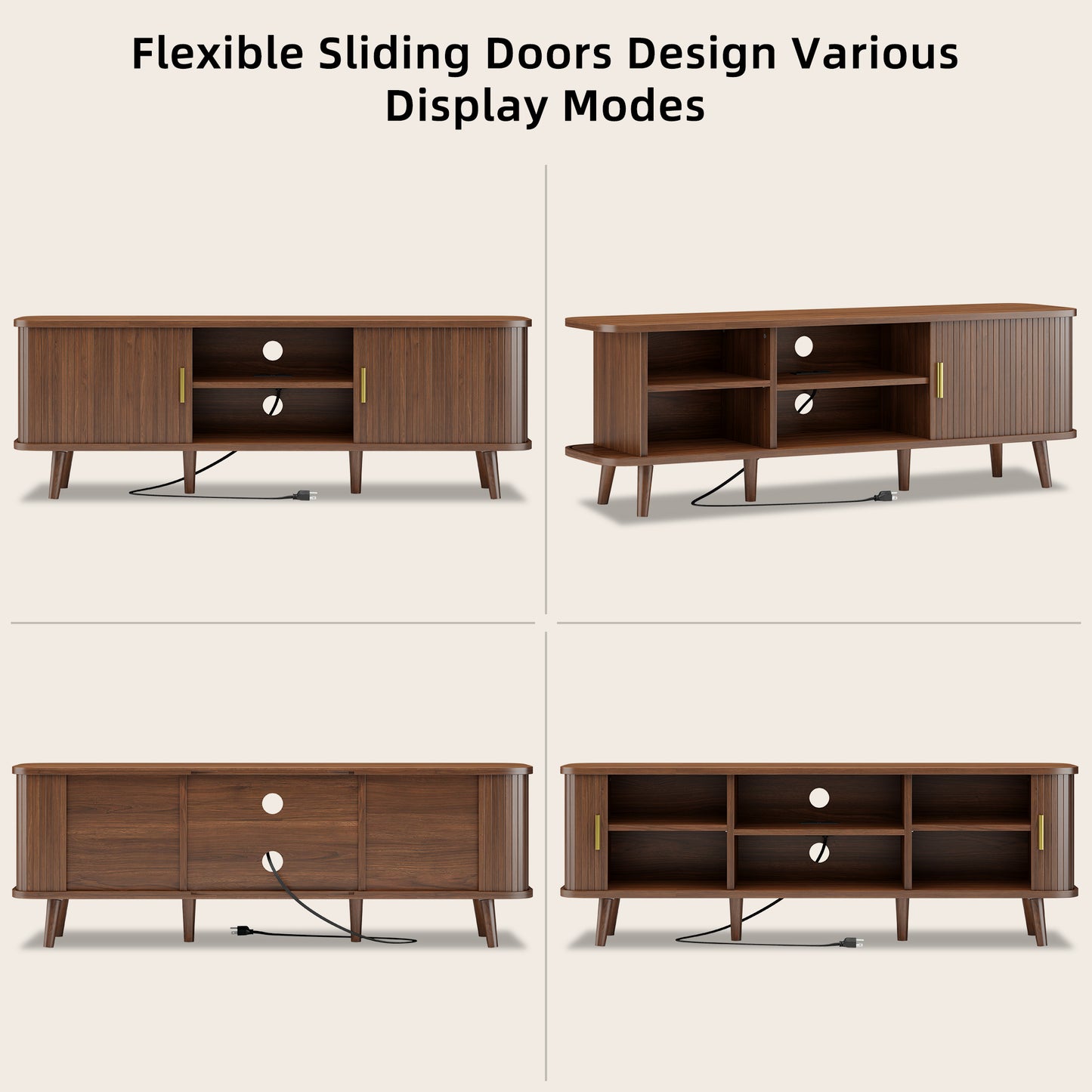 LainTene 65 Inch TV Stand with Sliding Doors – Modern Fluted Media Console for Living Room, Power Outlets (2 USB + 2 AC), Adjustable Shelves, Walnut Entertainment Center