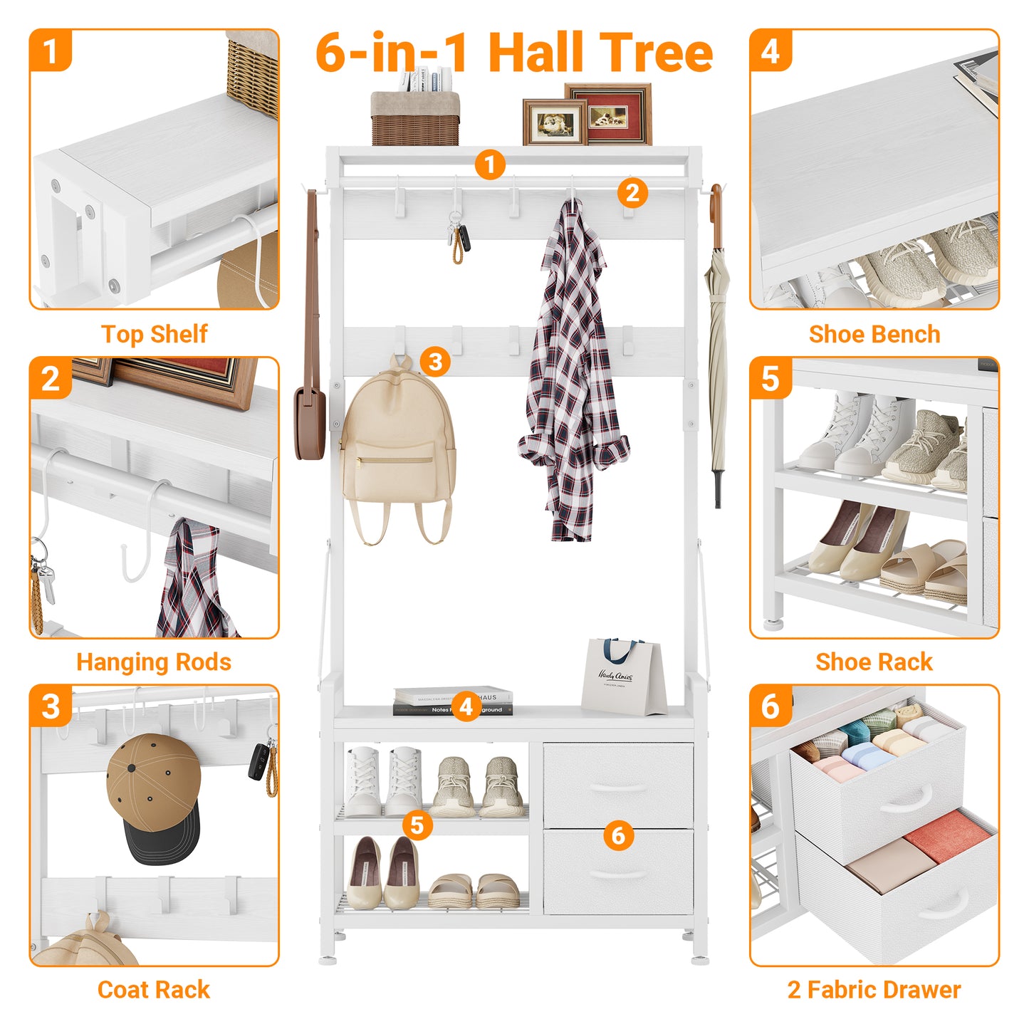 Laintene Hall Tree with Bench - 6-in-1 Industrial 31.5" Entryway Organizer, 17 Adjustable Hooks & 2 Drawers, Hanging Rod & Top Shelf, 300lb Weight Capacity for Hallway and Living Room, White