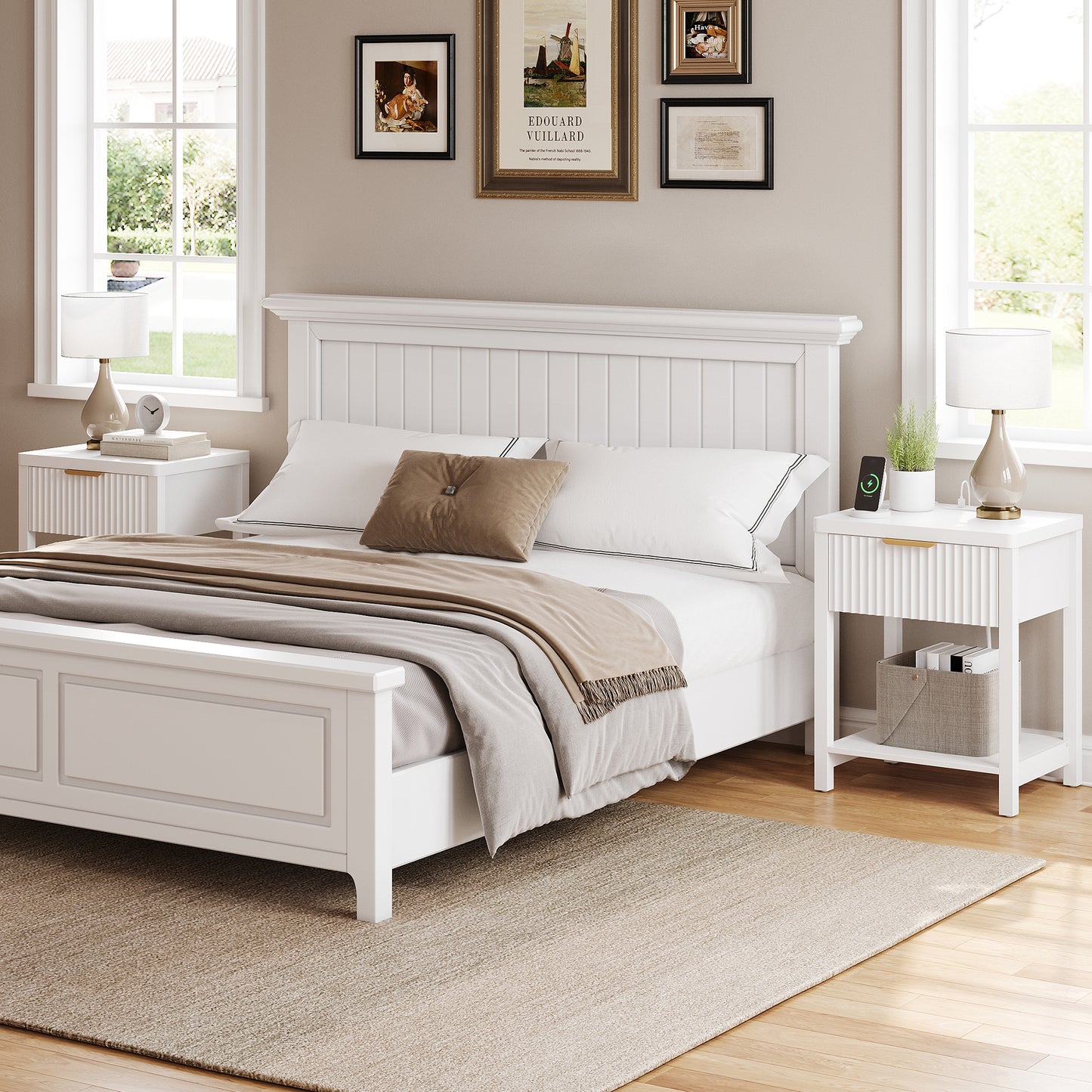 Laintene Fluted Nightstand with Charging Station - Modern Bedside Table with Drawer & Open Shelf, 2 AC Outlets + USB &Type-C for Bedroom & Living Room, White