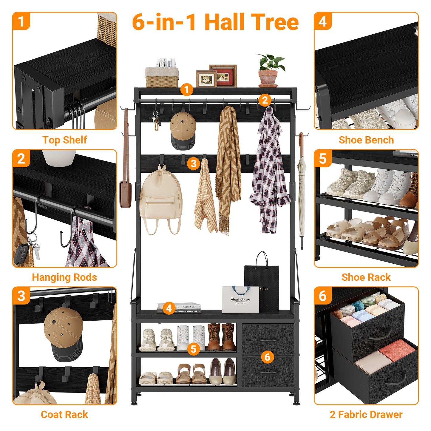 Laintene Hall Tree with Bench - 6-in-1 Wider 39.4" Entryway Organizer, 24 Adjustable Hooks & 2 Drawers, Hanging Rod & Top Shelf, 300lb Weight Capacity for Hallway and Living Room, Black