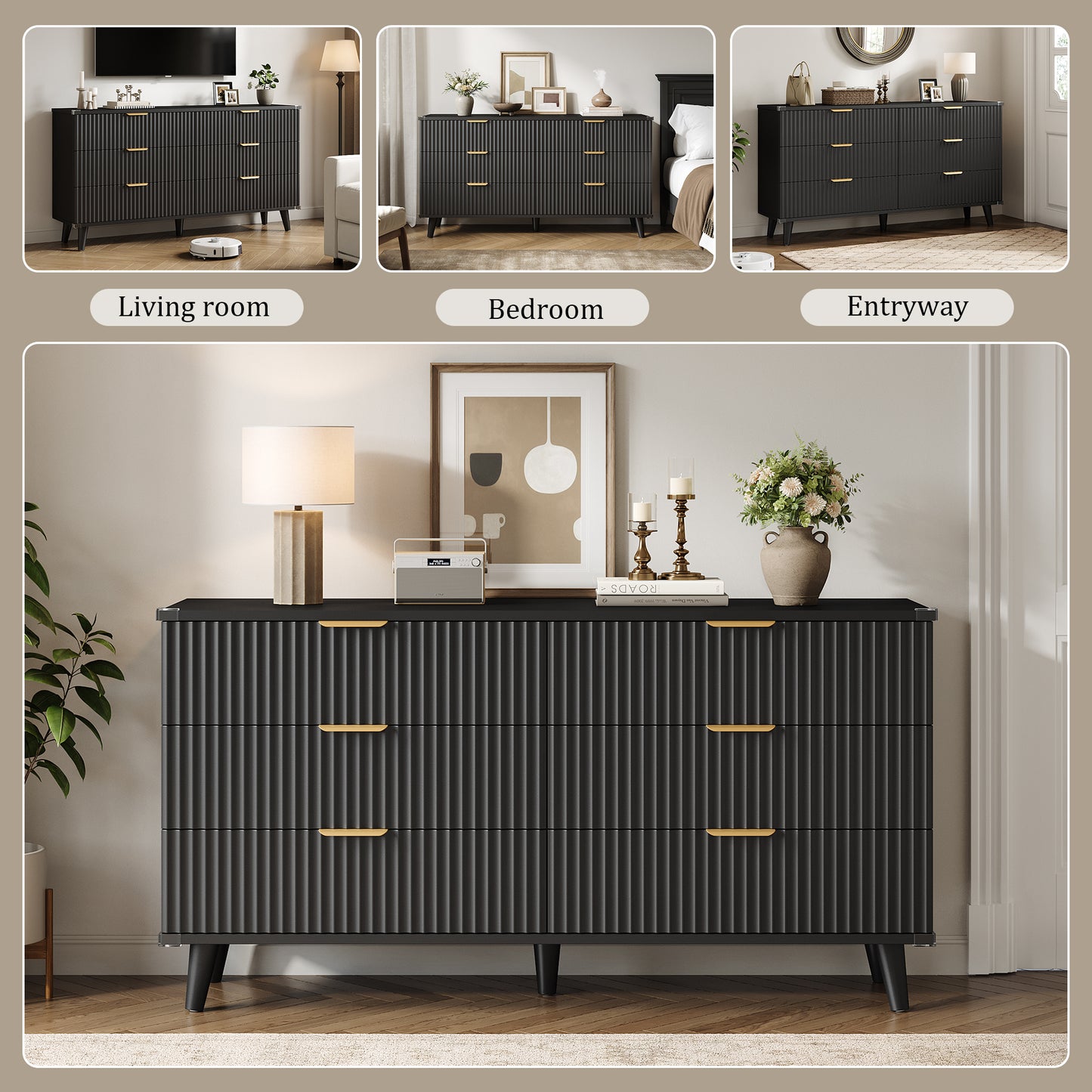Laintene 6 Drawer Dresser for Bedroom – Solid Wood Fluted Storage Cabinet with Metal Handles, Modern Wave Design for Bedroom, Living Room & Entryway, Black