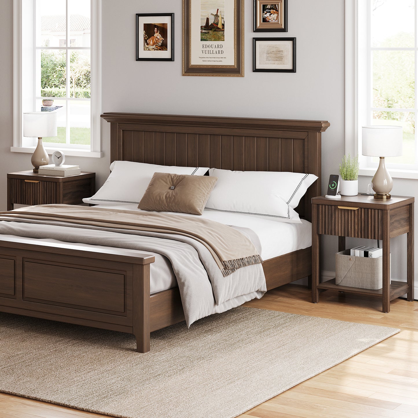 Laintene Fluted Nightstand with Charging Station - Modern Bedside Table with Drawer & Open Shelf, 2 AC Outlets + USB &Type-C for Bedroom & Living Room, Walnut