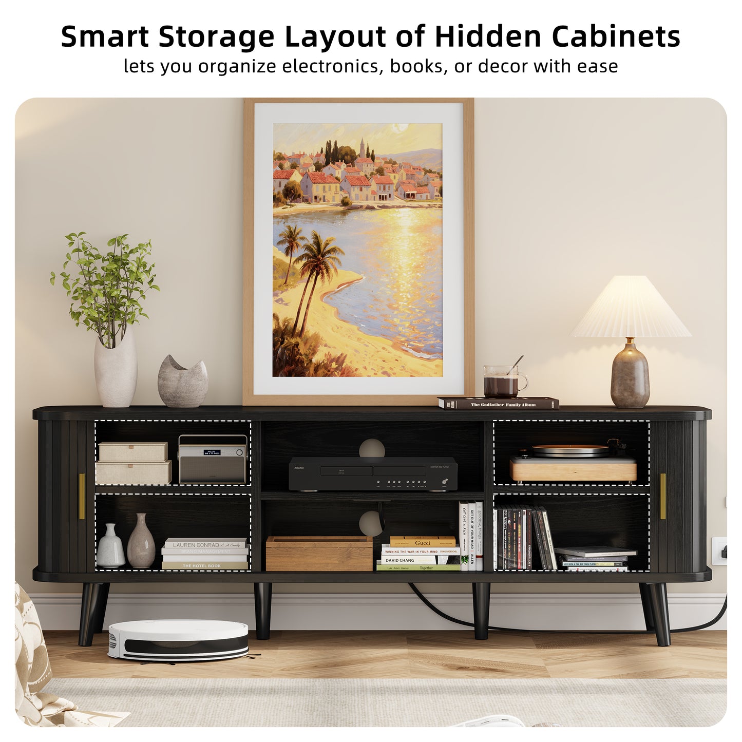 LainTene 65 Inch TV Stand with Sliding Doors – Modern Fluted Media Console for Living Room, Power Outlets (2 USB + 2 AC), Adjustable Shelves, Black Entertainment Center