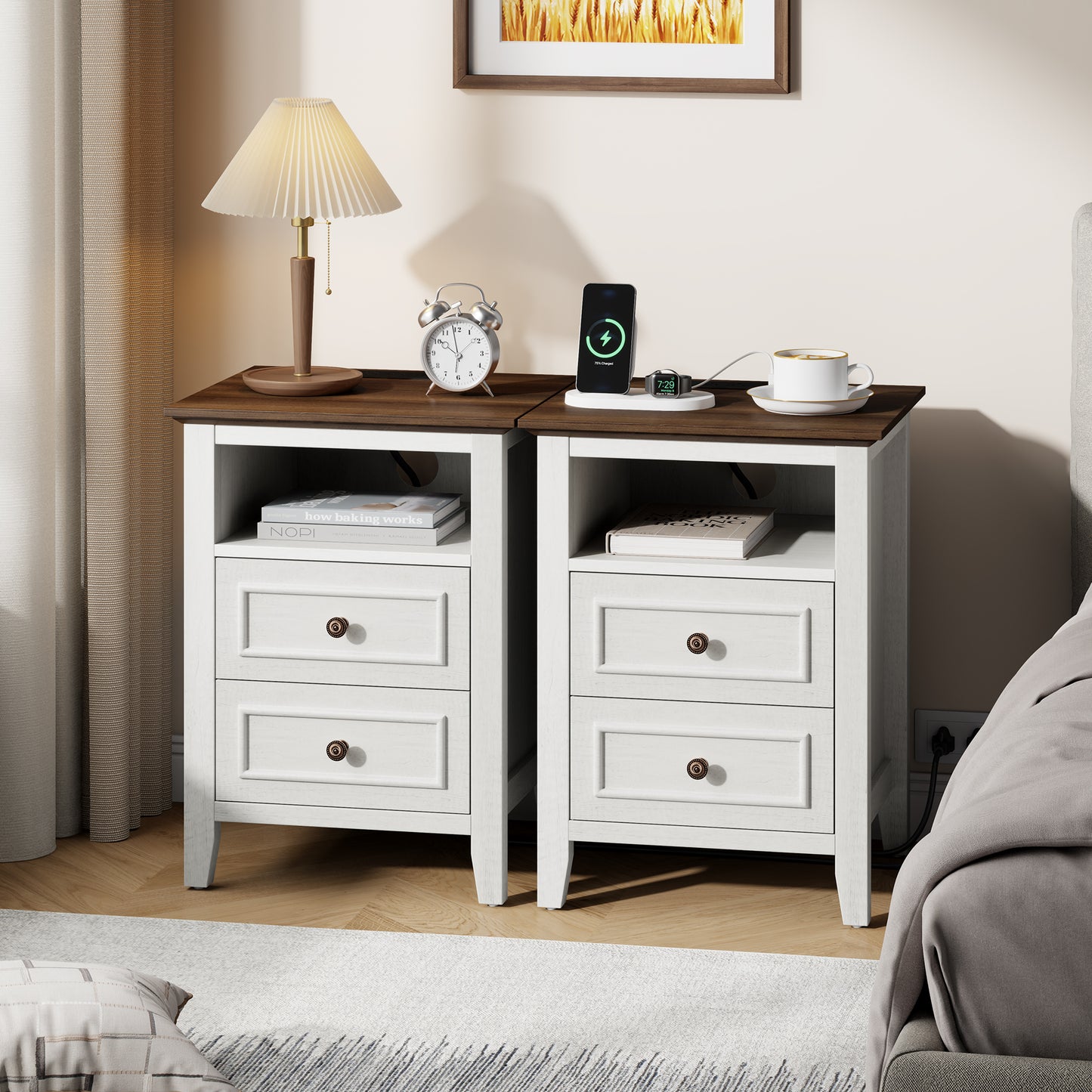 LainTene Nightstand with Charging Station, Farmhouse Bedside Table with 2 Drawers, USB & AC Outlets for Bedroom & Living Room, Oak White Finish