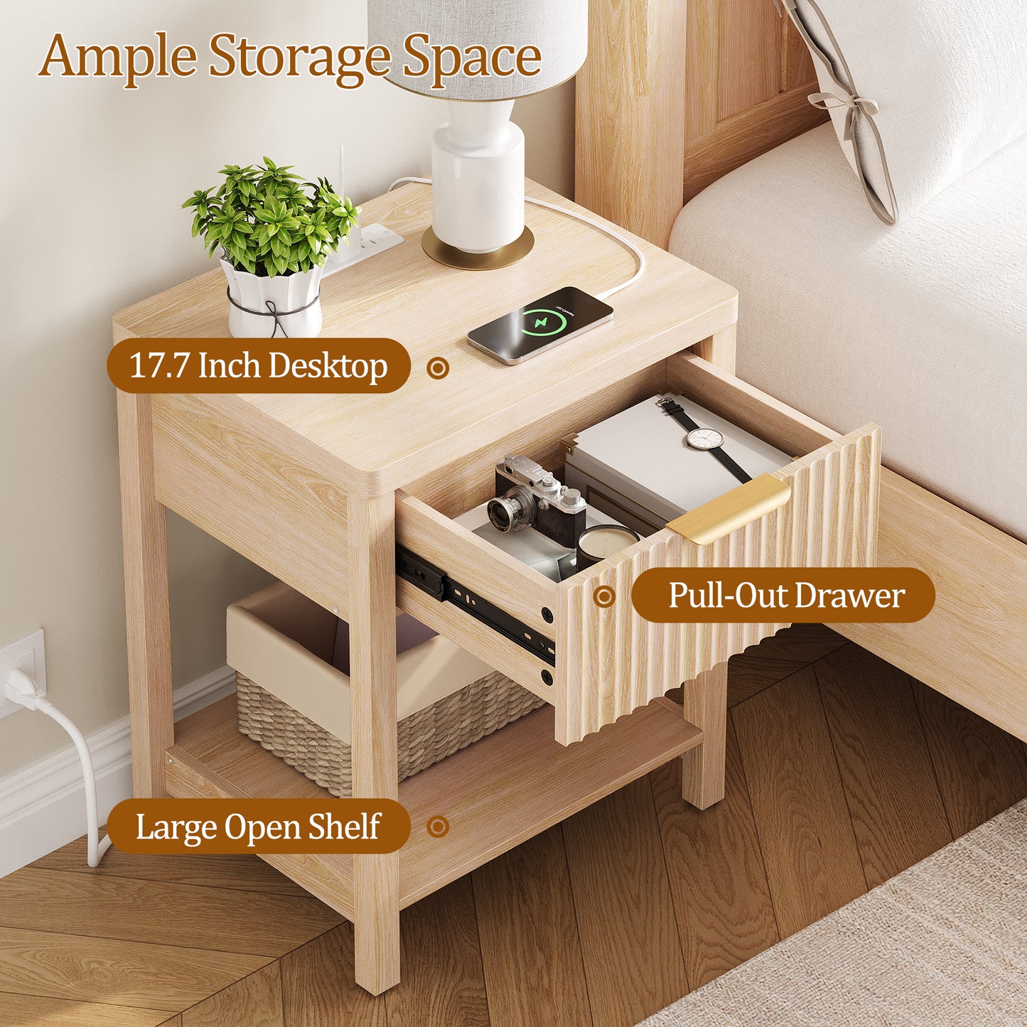 Laintene Fluted Nightstand with Charging Station - Modern Bedside Table with Drawer & Open Shelf, 2 AC Outlets + USB &Type-C for Bedroom & Living Room, Natural