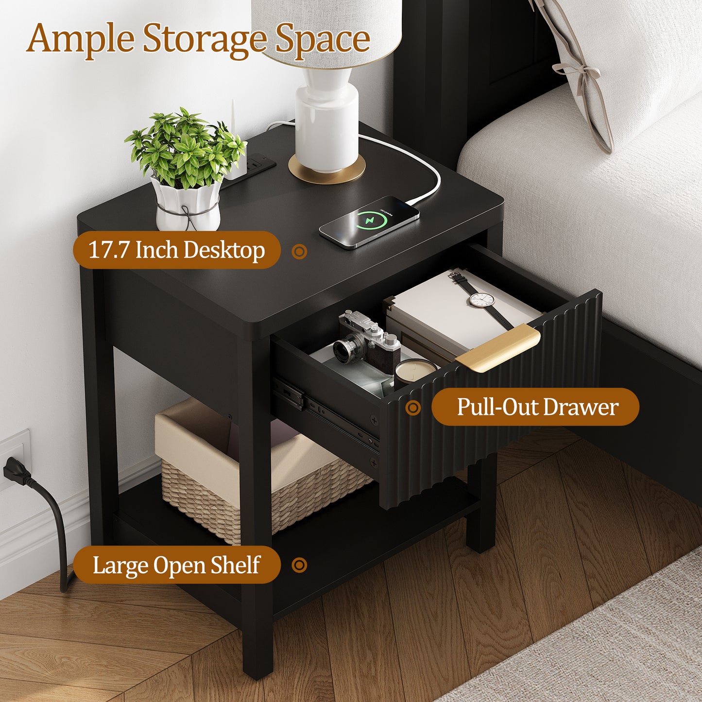 Laintene Fluted Nightstand with Charging Station - Modern Bedside Table with Drawer & Open Shelf, 2 AC Outlets + USB &Type-C for Bedroom & Living Room, Black