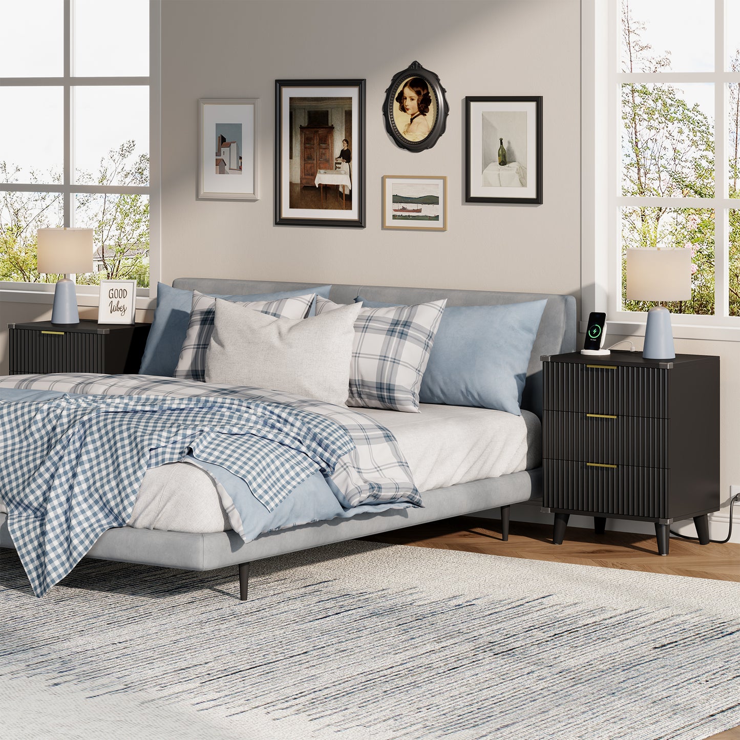 Laintene 3-Drawer Dresser Set of 2, Nightstand with Charging Station - Modern Fluted with Solid Wood Legs, 2 AC Outlets & 2 USB Ports, Small End Table with Storage, Black