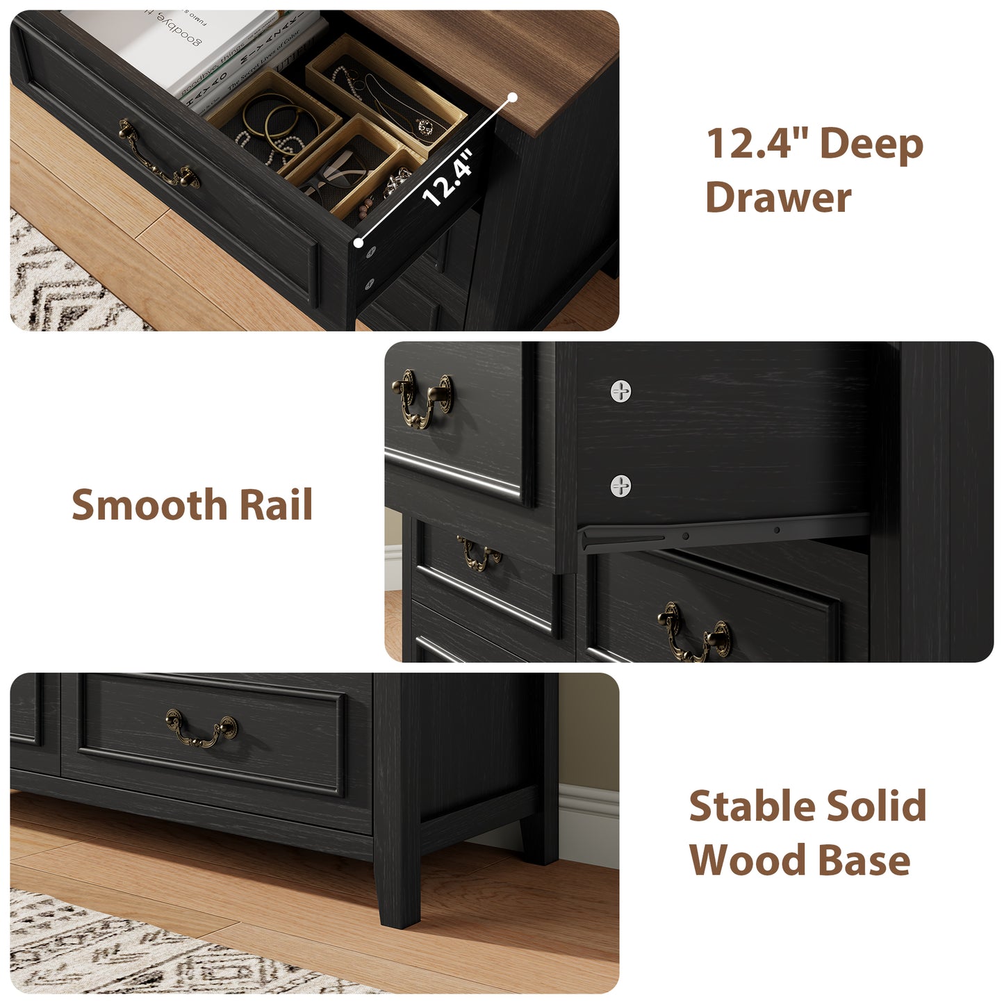 LainTene Farmhouse 3-Piece Dresser Set - 1x6-Drawer Storage Dresser & 2x Nightstands with USB Ports, Solid Wood Vintage Bedroom Furniture, Oak Black