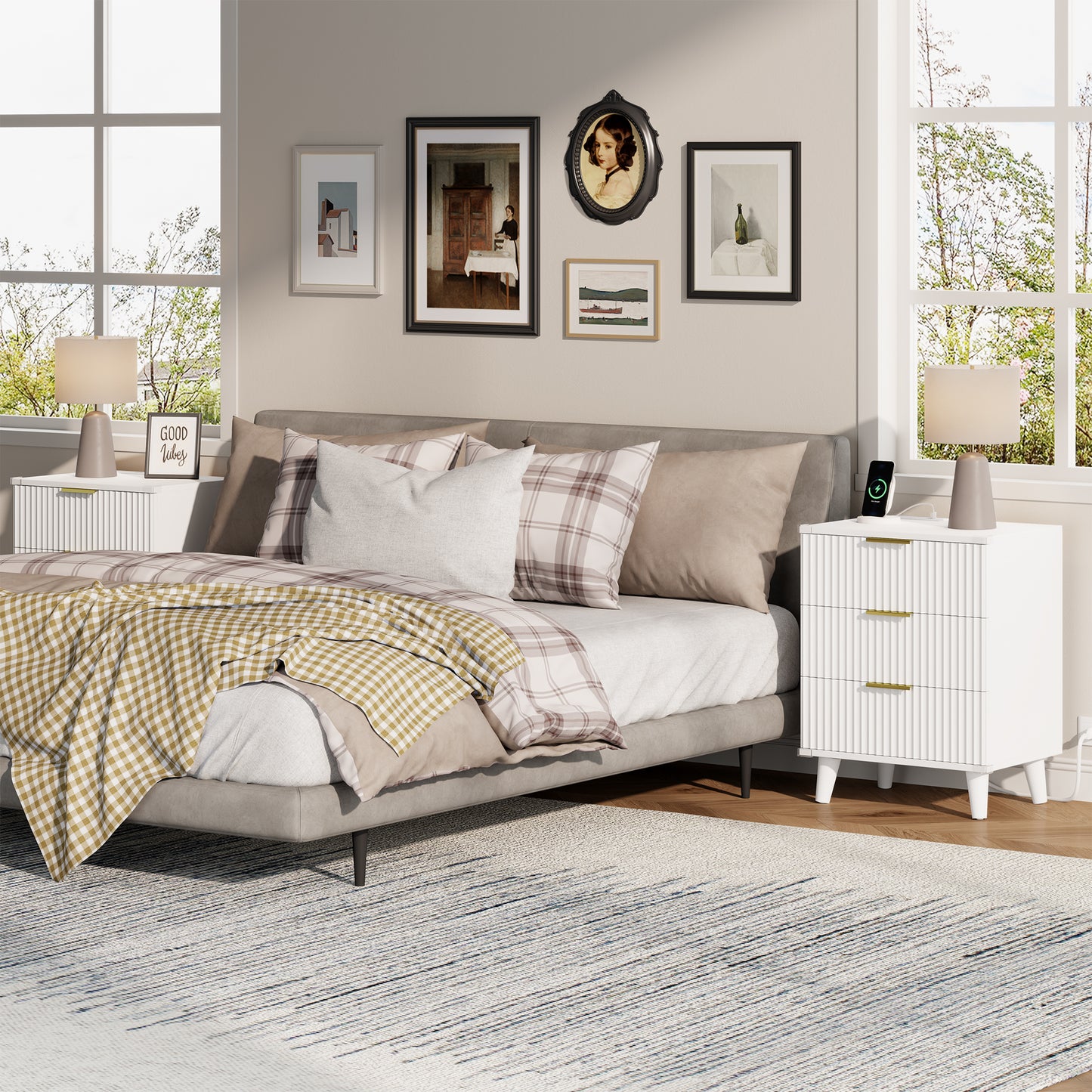 Laintene 3-Drawer Dresser Set of 2, Nightstand with Charging Station - Modern Fluted with Solid Wood Legs, 2 AC Outlets & 2 USB Ports, Small End Table with Storage, White