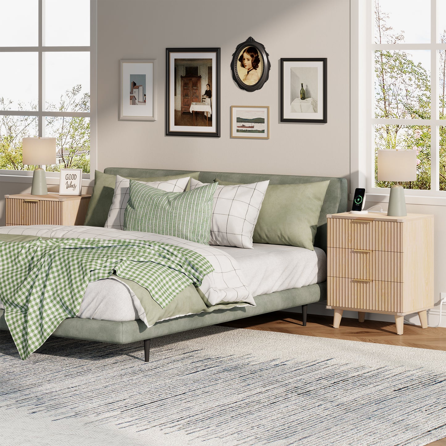 Laintene 3-Drawer Dresser Set of 2, Nightstand with Charging Station - Modern Fluted with Solid Wood Legs, 2 AC Outlets & 2 USB Ports, Small End Table with Storage, Natural