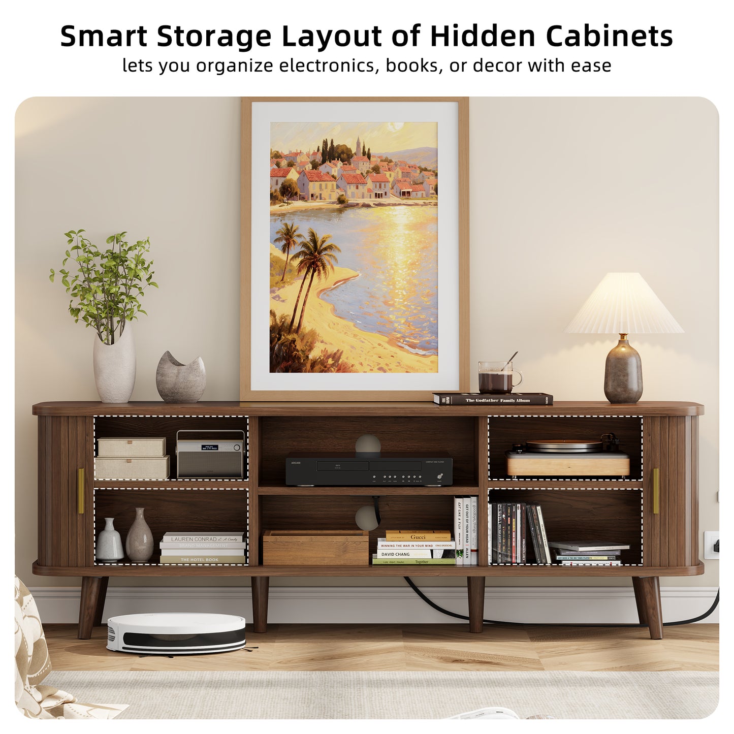 LainTene 65 Inch TV Stand with Sliding Doors – Modern Fluted Media Console for Living Room, Power Outlets (2 USB + 2 AC), Adjustable Shelves, Walnut Entertainment Center