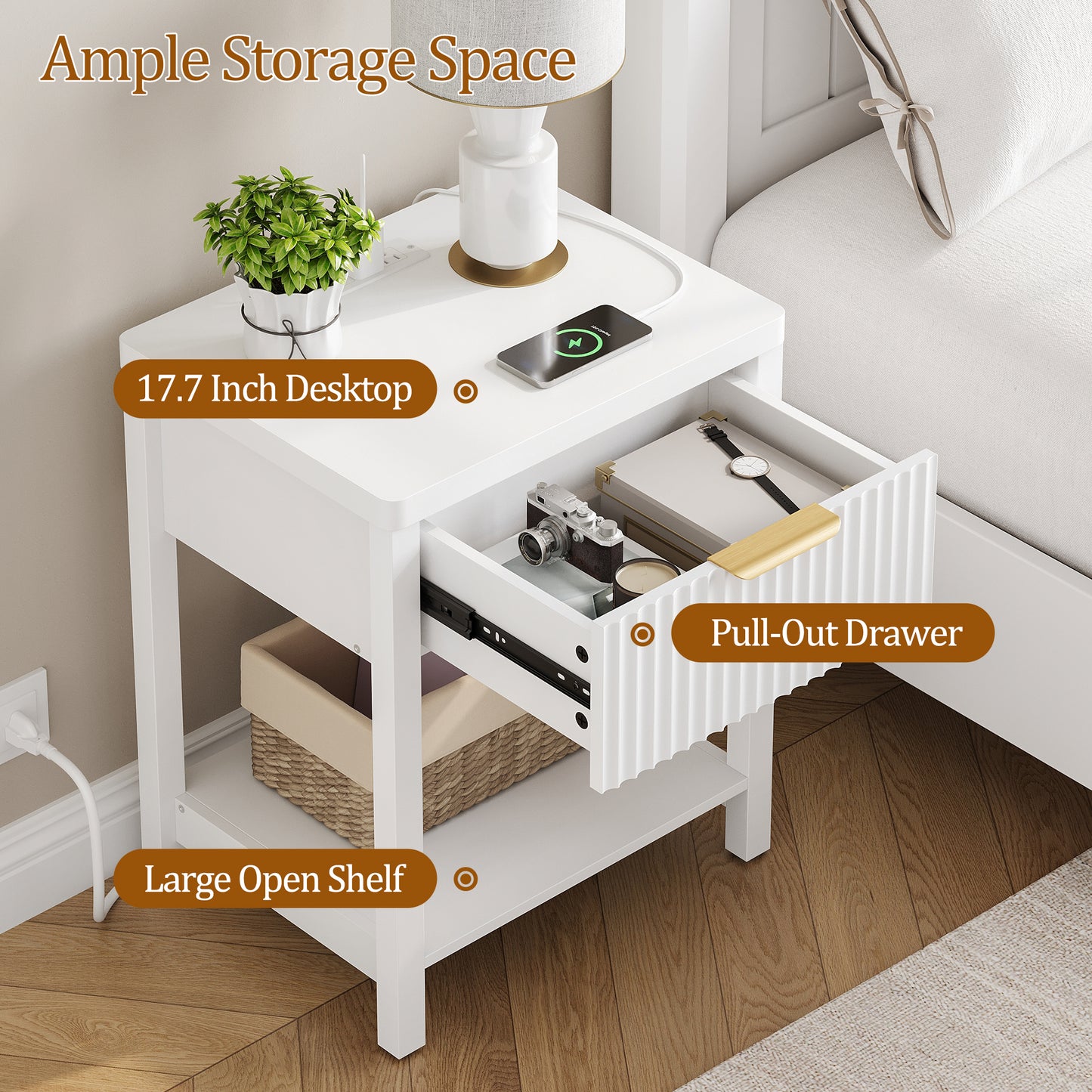 Laintene 3-Piece Boho Bedroom Set - 6-Drawer Dresser & 2 Nightstands with Drawer & USB Charging, Fluted Wooden Storage, Modern Dresser & Nightstand Combo, White