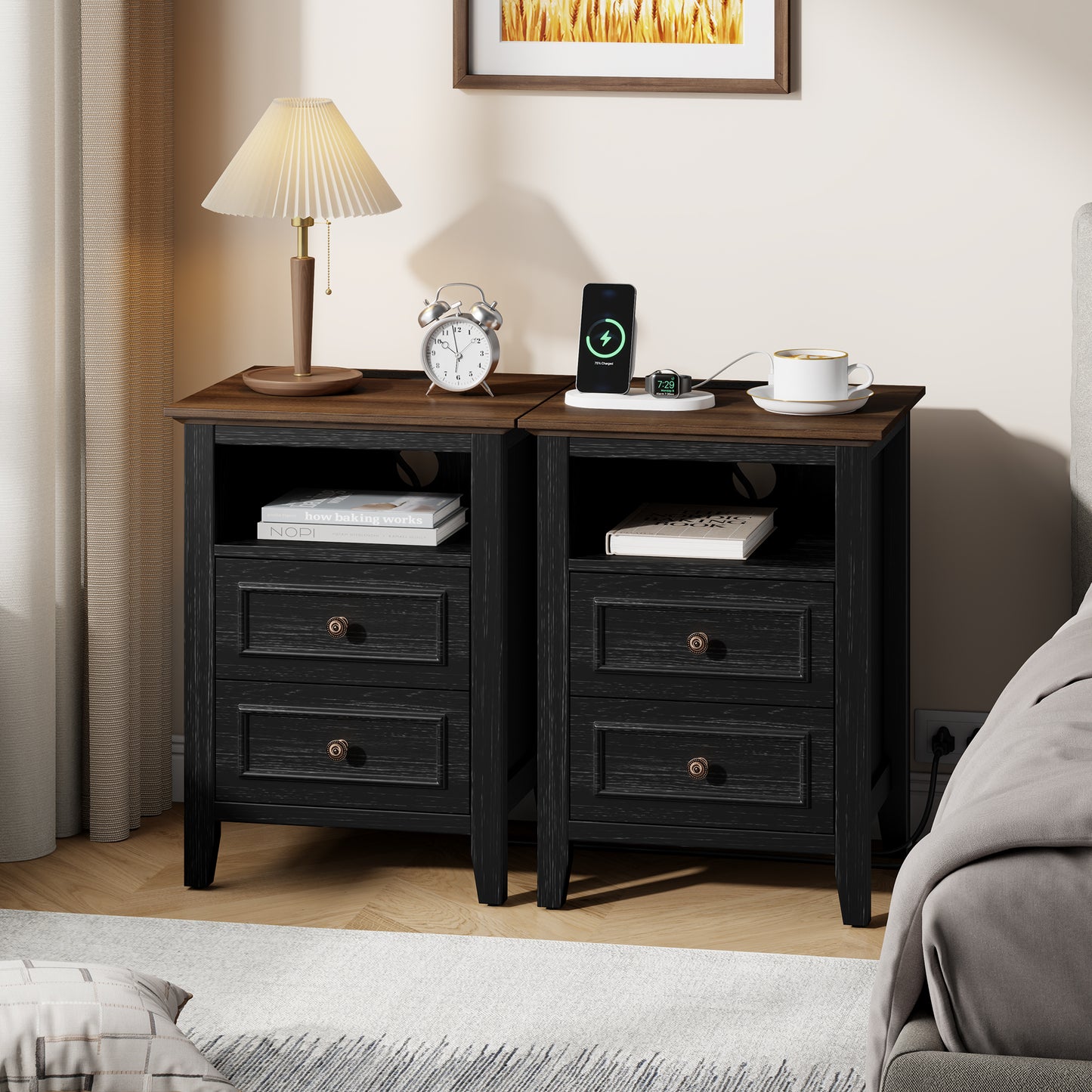 LainTene Nightstand with Charging Station, Farmhouse Bedside Table with 2 Drawers, USB & AC Outlets for Bedroom & Living Room, Oak Black Finish