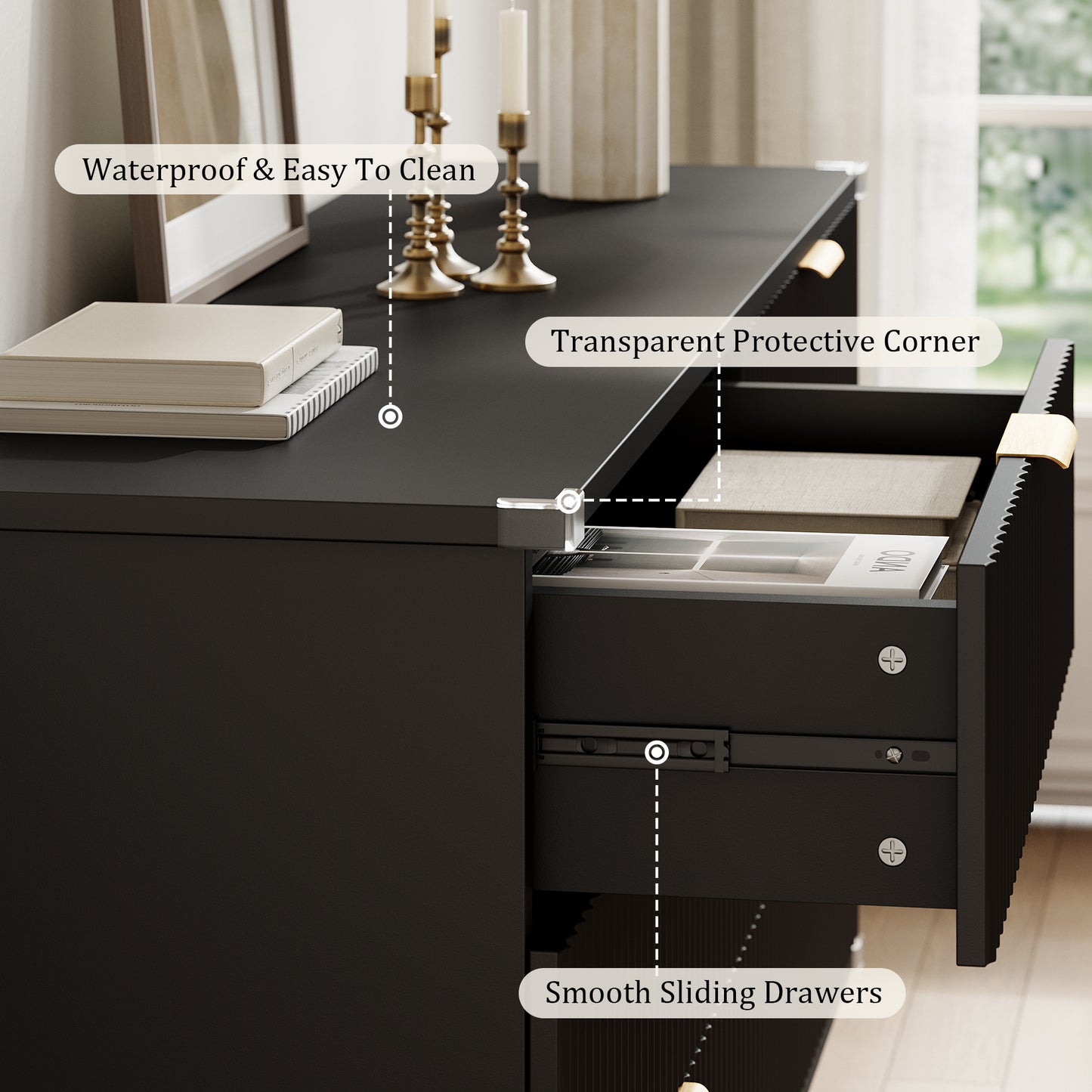 Laintene 6 Drawer Dresser for Bedroom – Solid Wood Fluted Storage Cabinet with Metal Handles, Modern Wave Design for Bedroom, Living Room & Entryway, Black