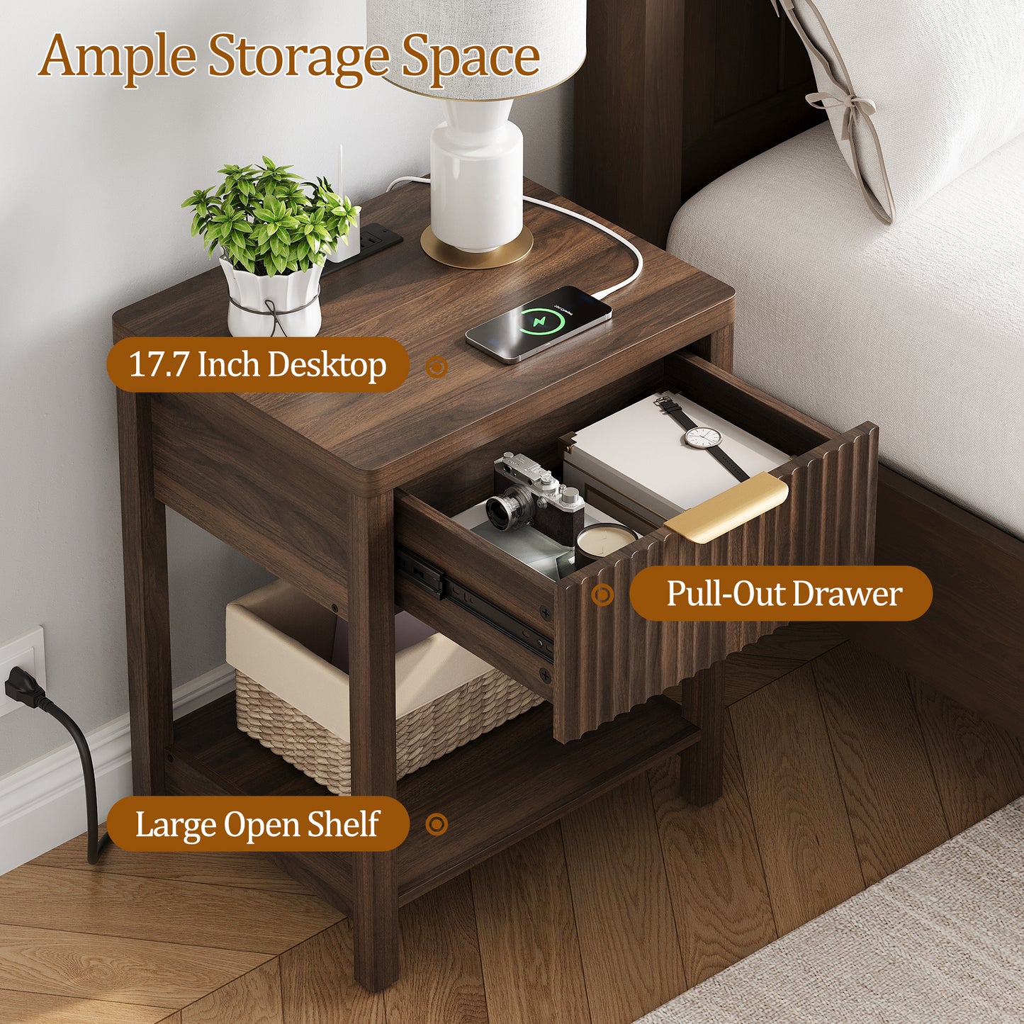 Laintene Fluted Nightstand with Charging Station - Modern Bedside Table with Drawer & Open Shelf, 2 AC Outlets + USB &Type-C for Bedroom & Living Room, Walnut