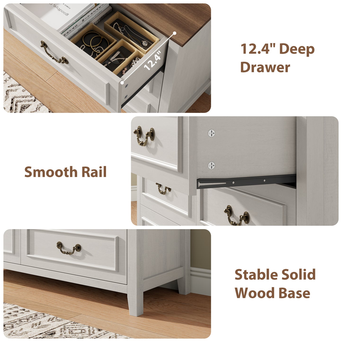 LainTene Farmhouse 3-Piece Dresser Set - 1x6-Drawer Storage Dresser & 2x Nightstands with USB Ports, Solid Wood Vintage Bedroom Furniture, Oak White