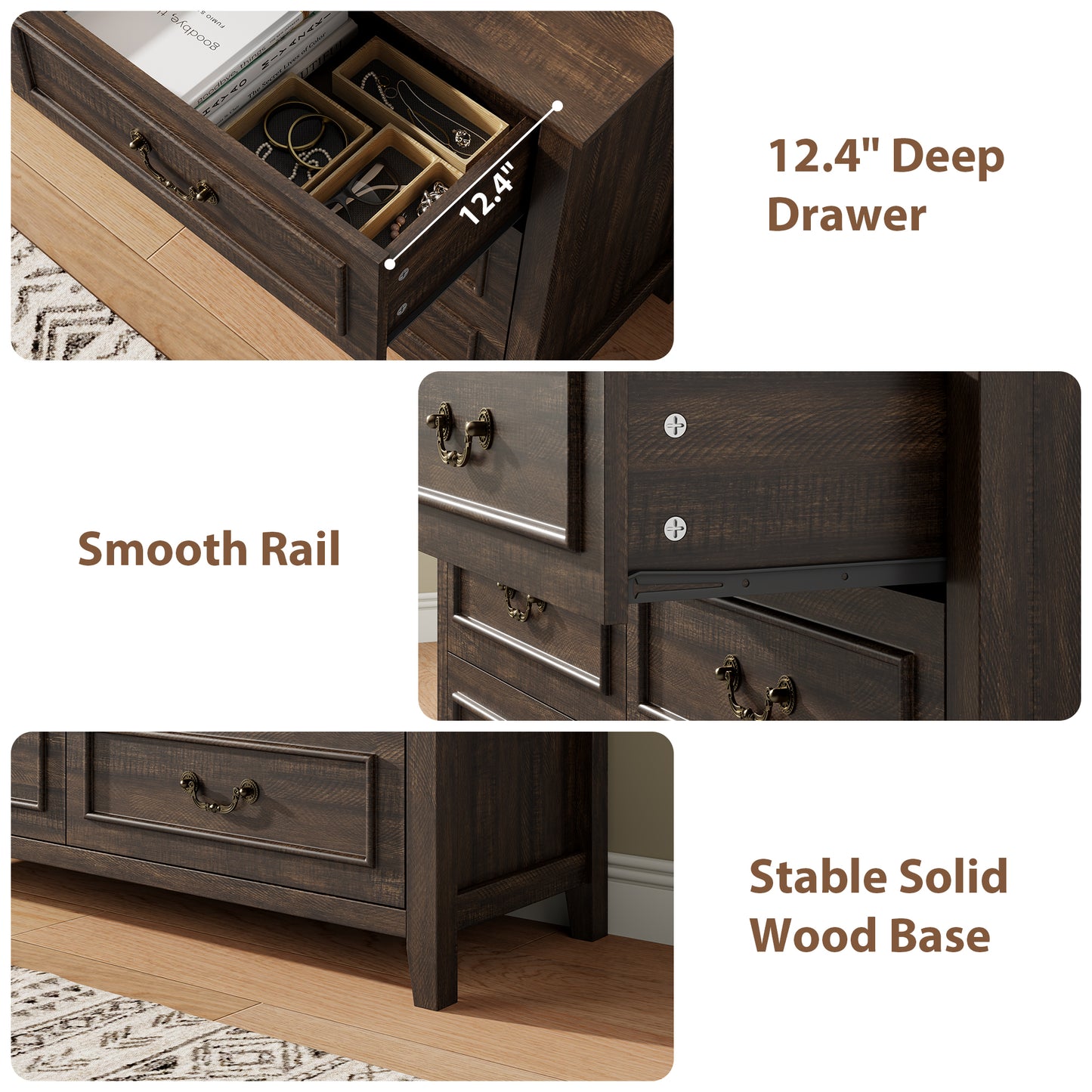 Laintene Farmhouse 6-Drawer Dresser - Rustic Wood Dresser with Antique Bronze Handles, Vintage Storage Chest for Bedroom, Living Room & Entryway