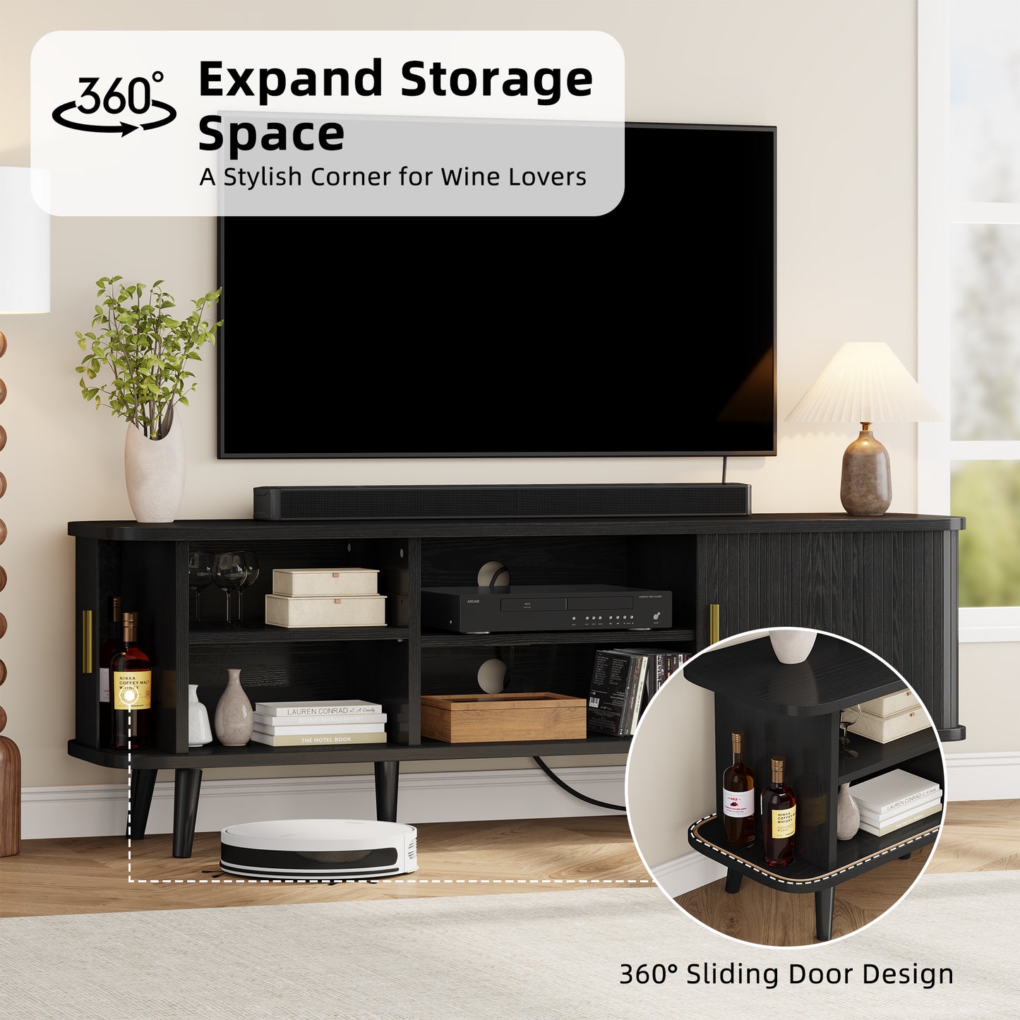 LainTene 65 Inch TV Stand with Sliding Doors – Modern Fluted Media Console for Living Room, Power Outlets (2 USB + 2 AC), Adjustable Shelves, Black Entertainment Center