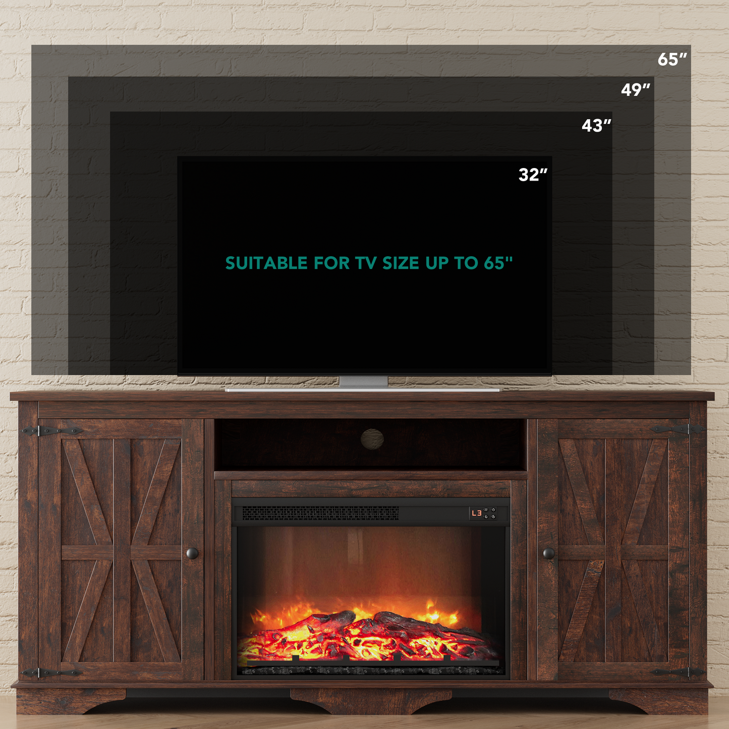Laintene TV Stand with Fireplace for 65" TV, Electric Fireplace Entertainment Center with Storage Cabinets & Adjustable Shelves, 1400W Heater Farmhouse TV Stand for Living Room, Brown
