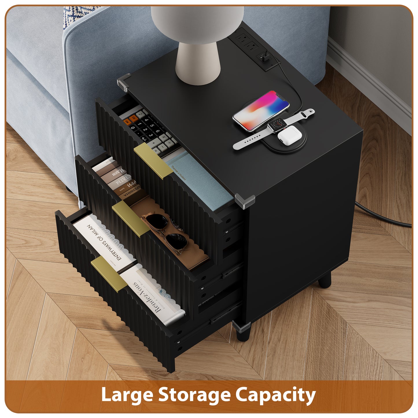 Laintene 3-Drawer Dresser Set of 2, Nightstand with Charging Station - Modern Fluted with Solid Wood Legs, 2 AC Outlets & 2 USB Ports, Small End Table with Storage, Black