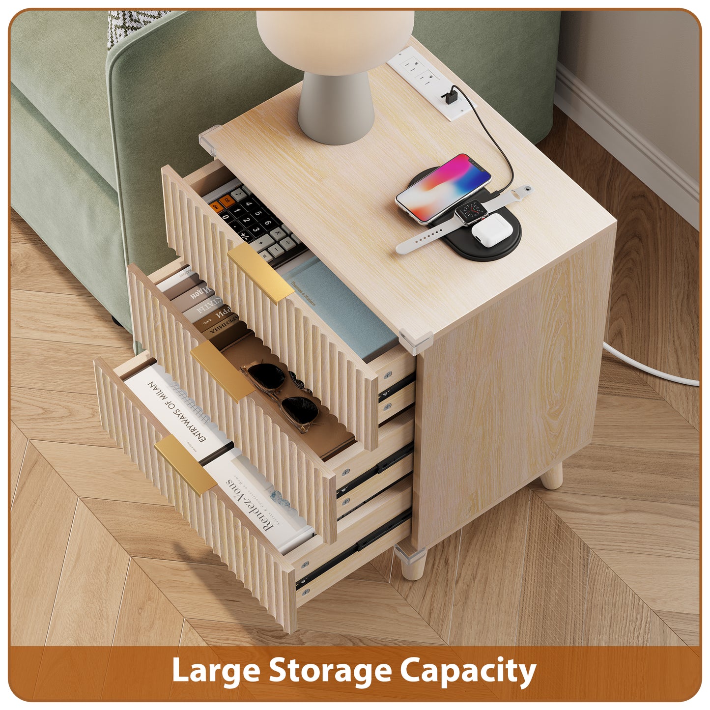 Laintene 3-Drawer Dresser Set of 2, Nightstand with Charging Station - Modern Fluted with Solid Wood Legs, 2 AC Outlets & 2 USB Ports, Small End Table with Storage, Natural