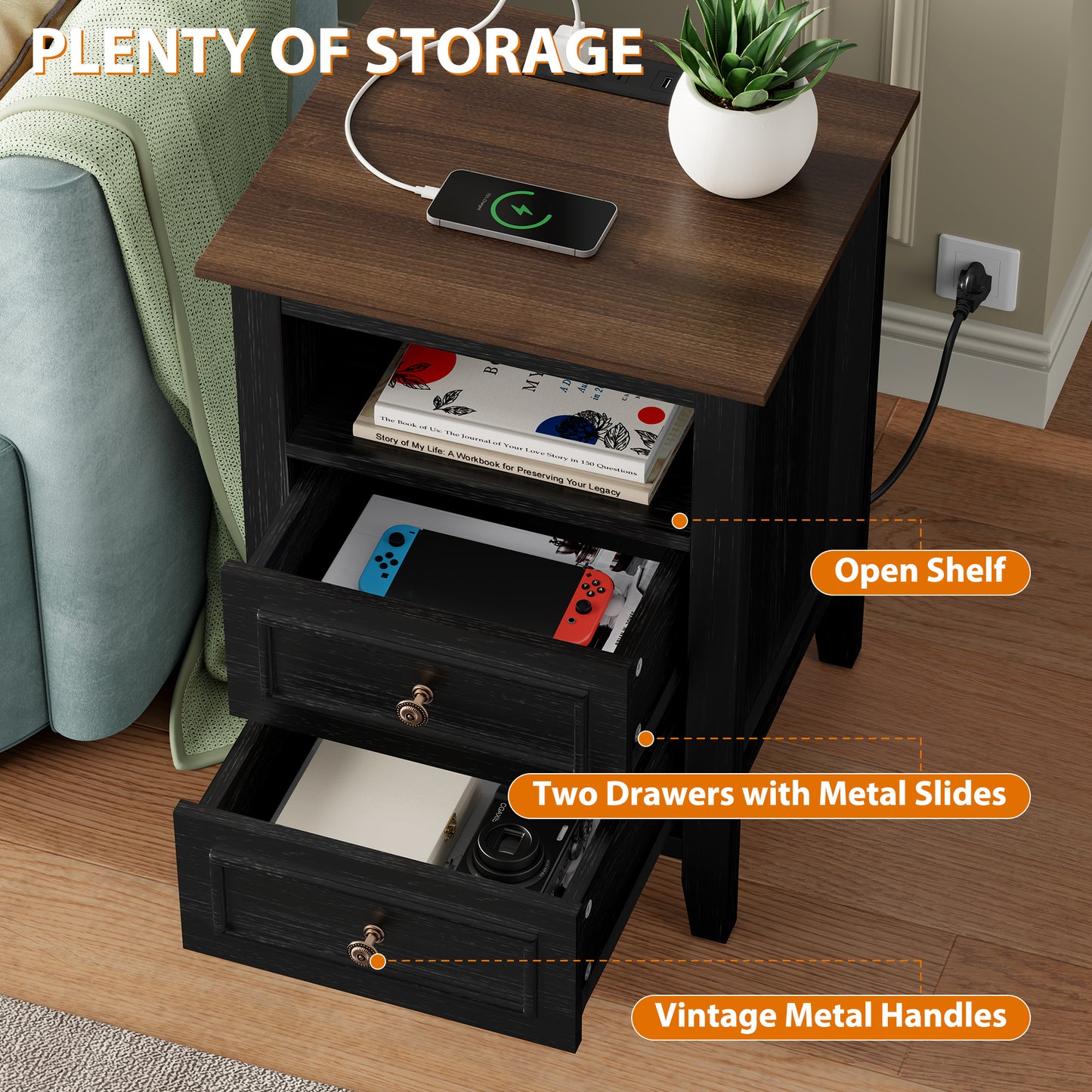 LainTene Nightstand with Charging Station, Farmhouse Bedside Table with 2 Drawers, USB & AC Outlets for Bedroom & Living Room, Oak Black Finish